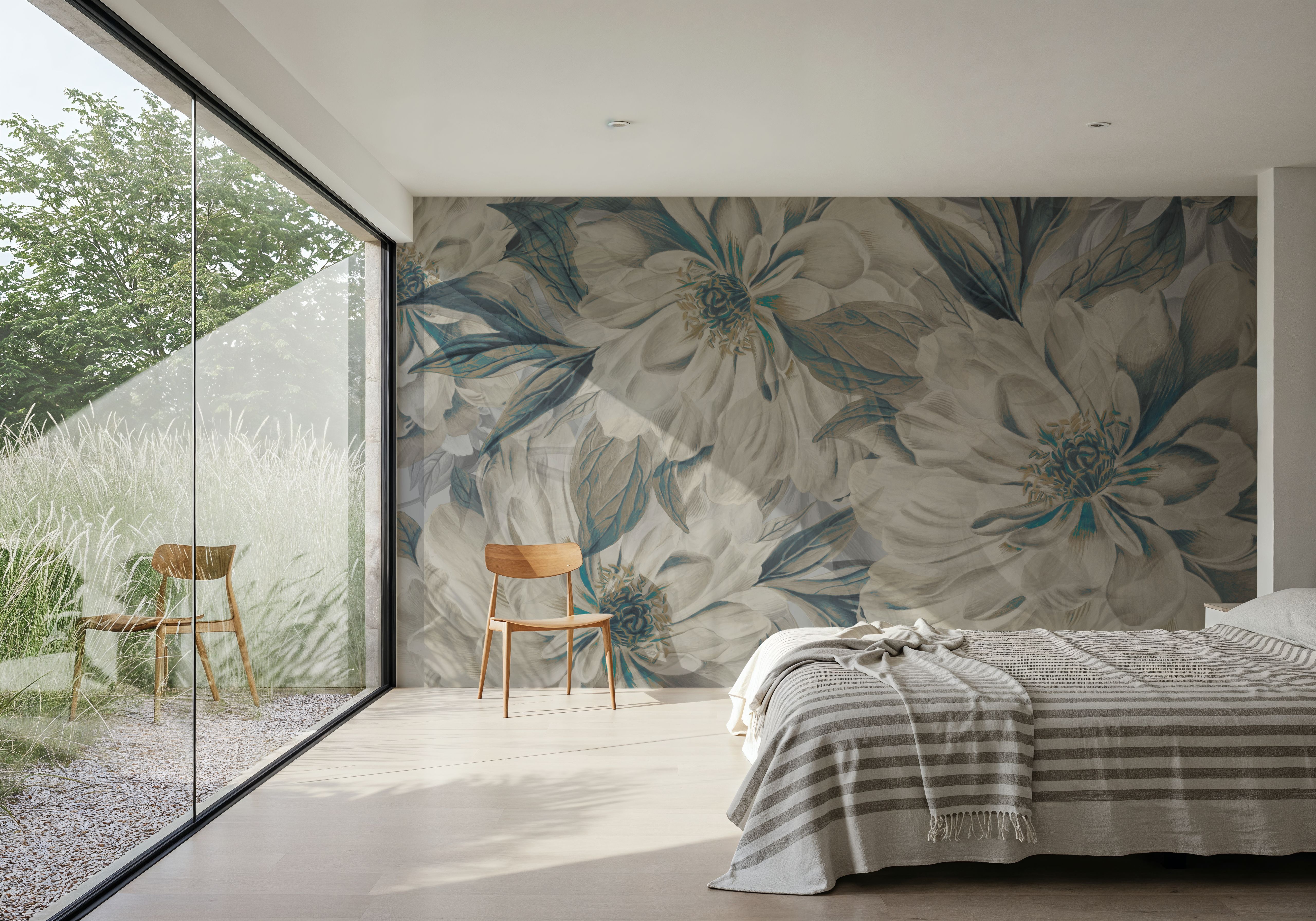 Peony Study - Cream and Teal