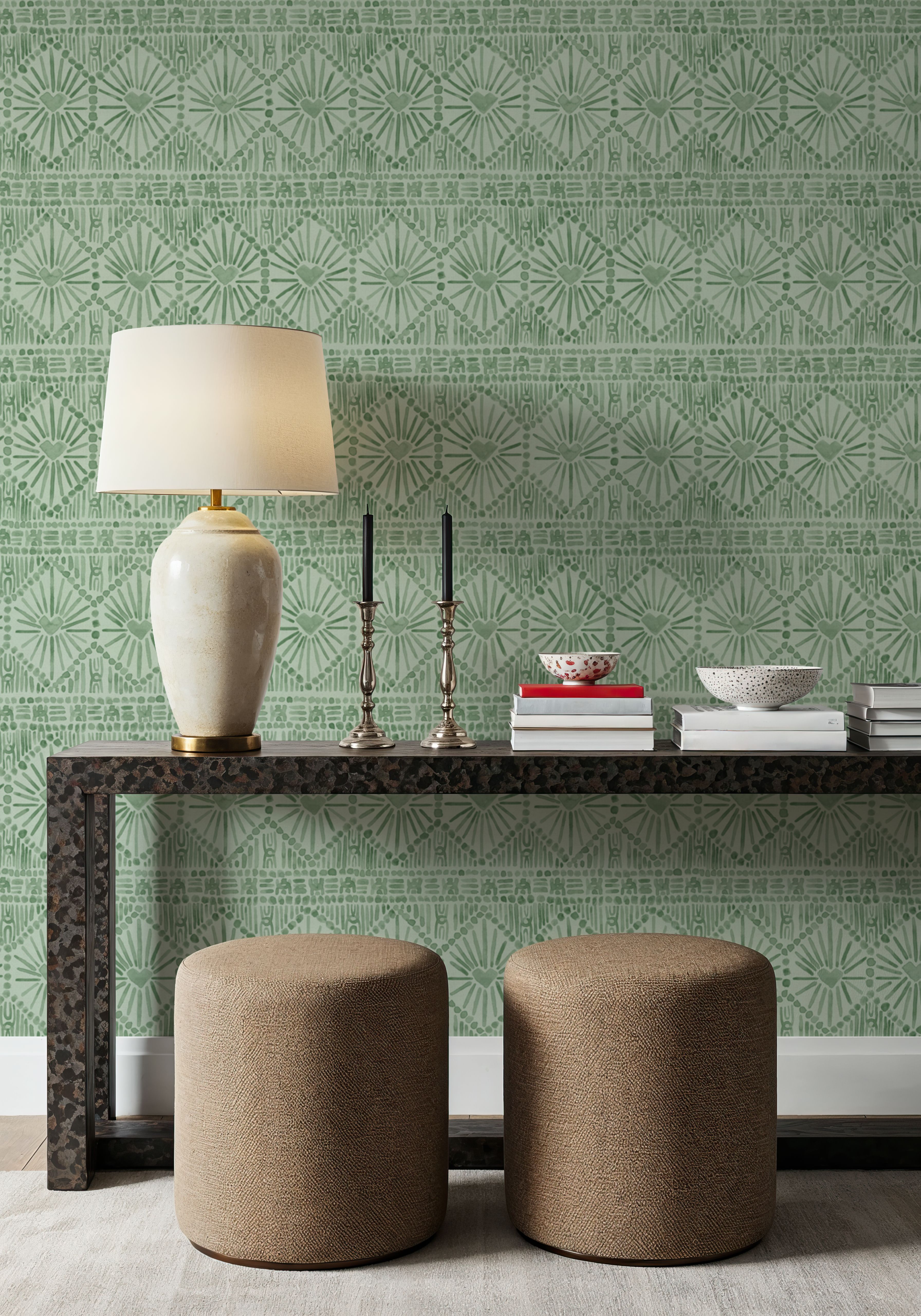 Wallpaper - Paradise Fountain Green on Green - Batik - Green - Bedroom - Wallism UK - Premium, Textured or Peel & Stick