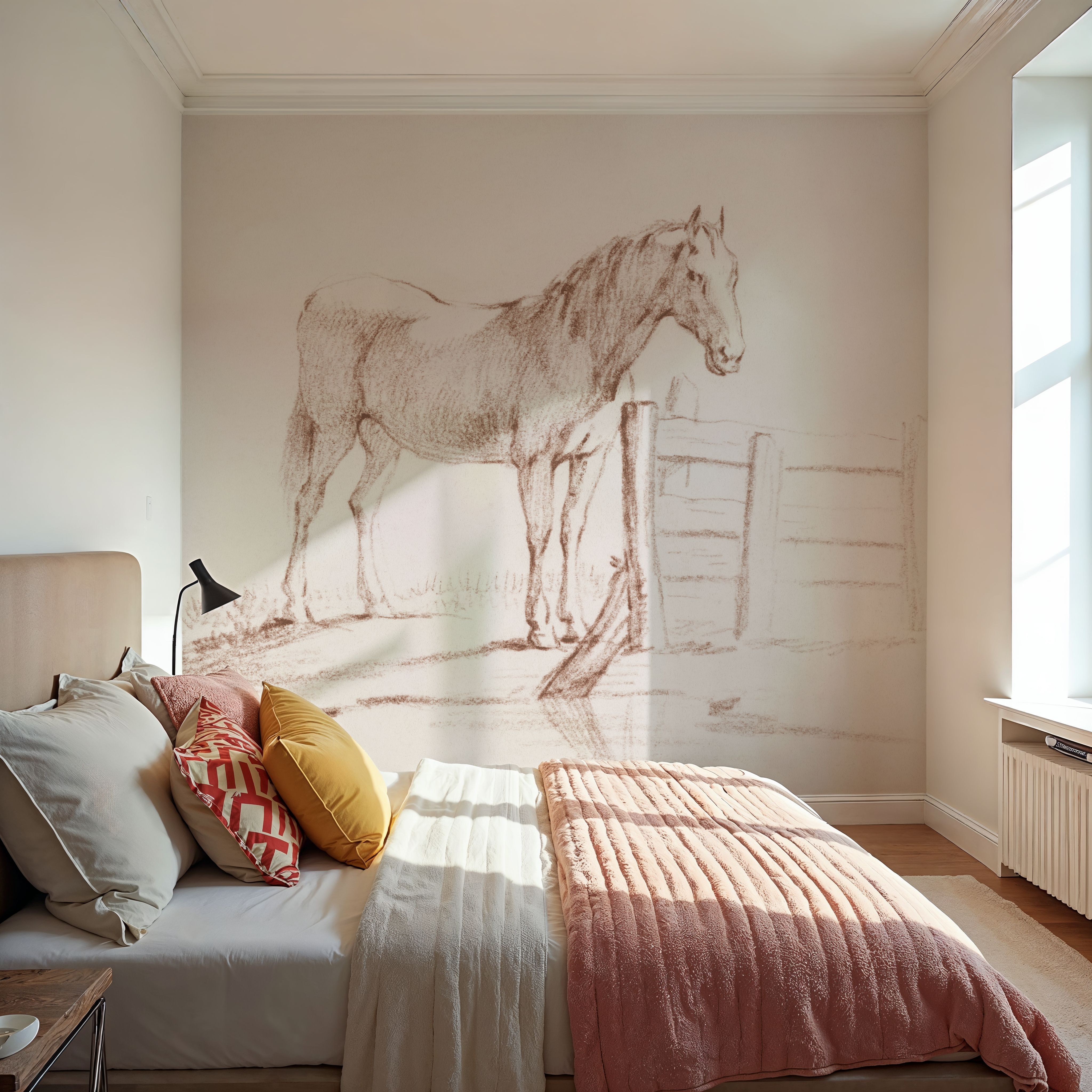 Wall Mural - Standing Horse at a Fence - Contemporary Animals mural wallpaper - Bedroom - Wallism US - Premium, Textured or Peel & Stick