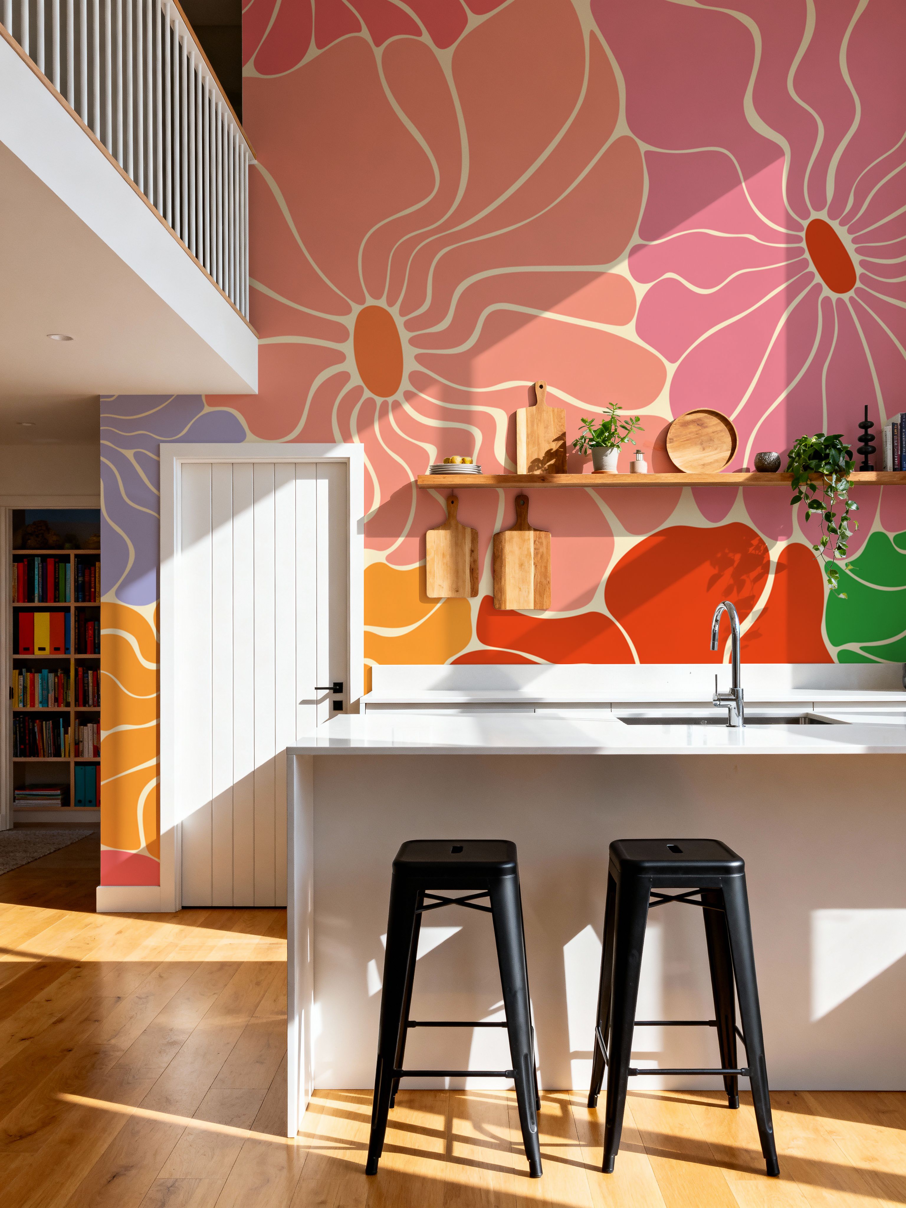 Cool Fluid Flowers Mural, Bright Multi