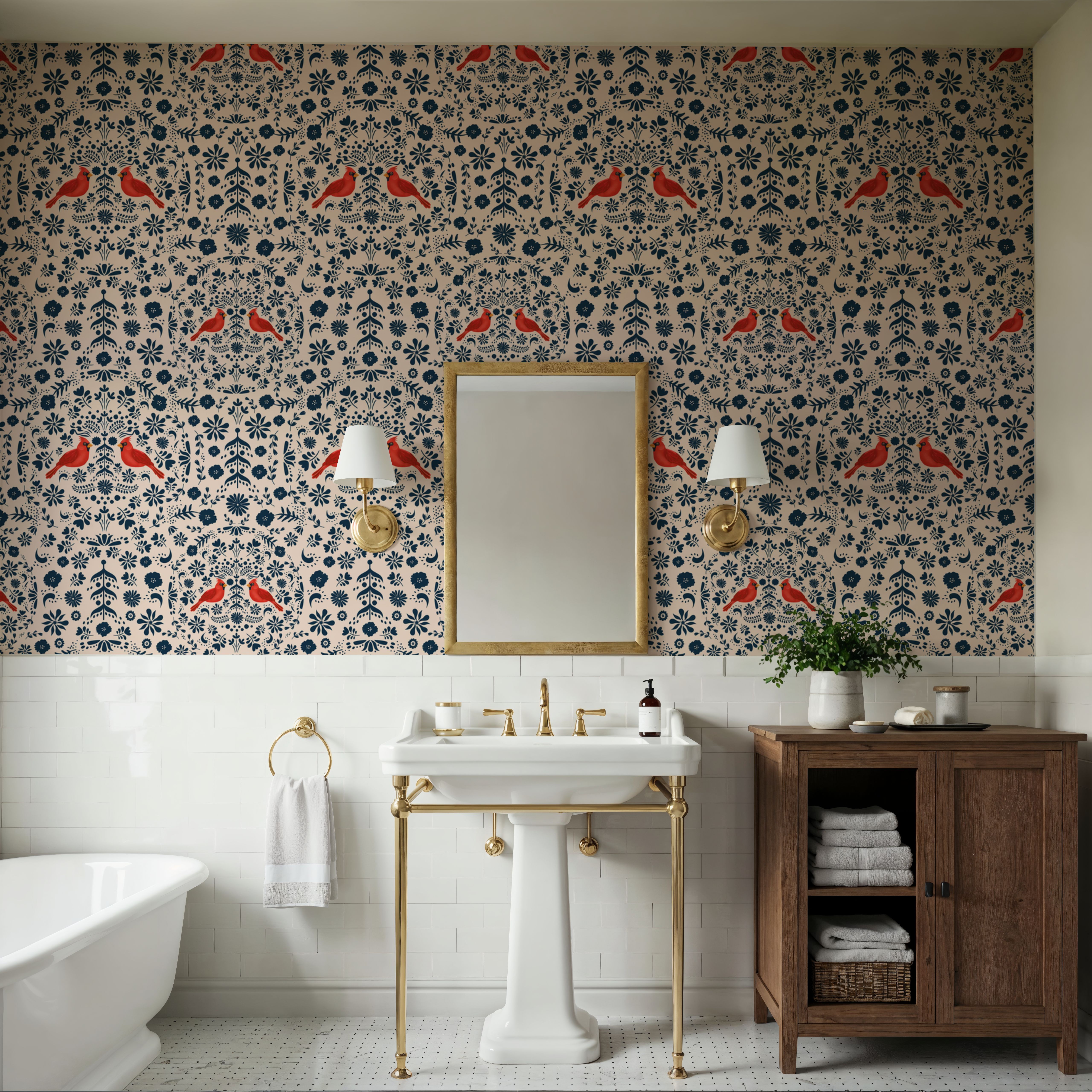 Cardinal Christmas, Blue on Cream, Wallpaper