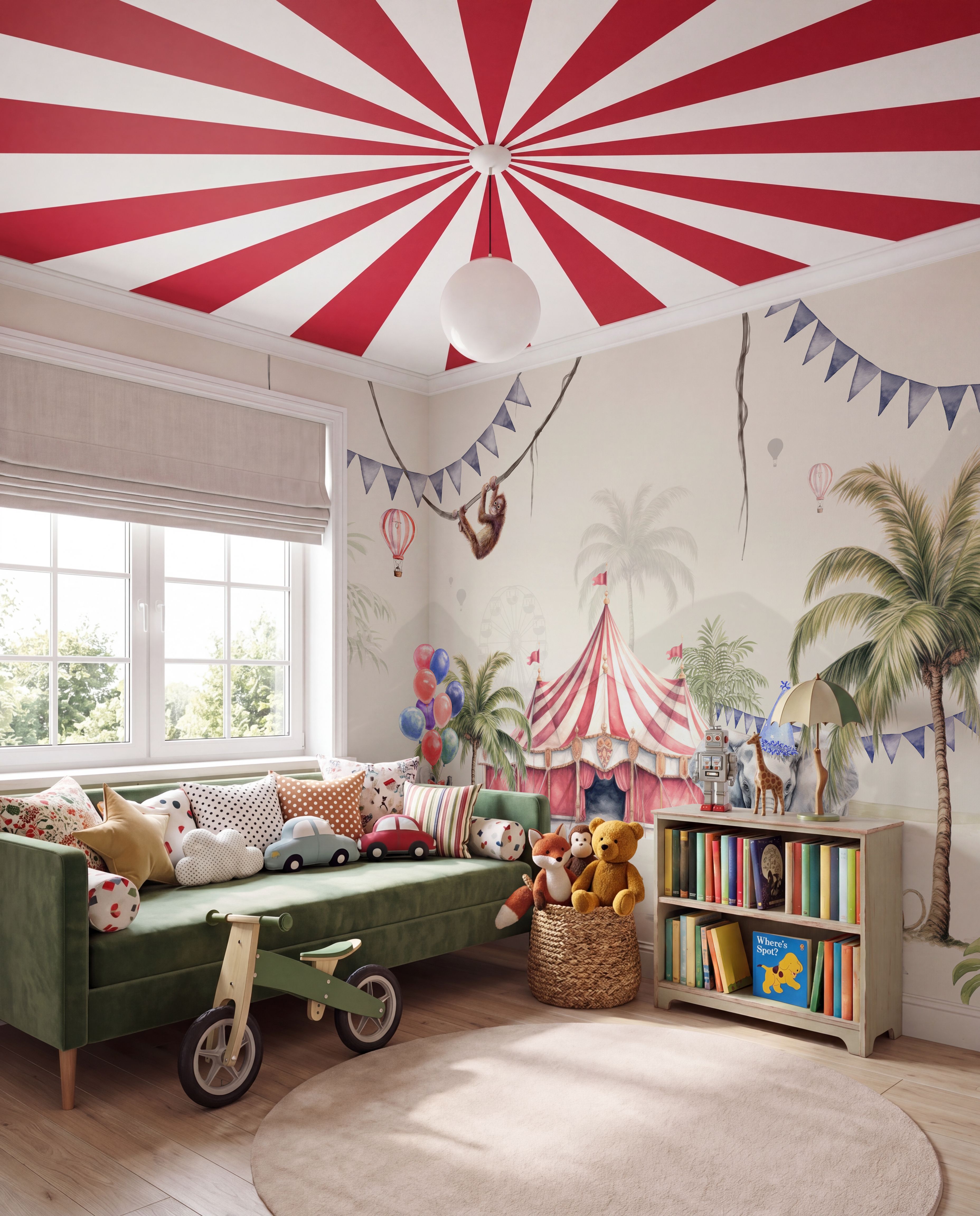 A big top and palms across a kids room wall