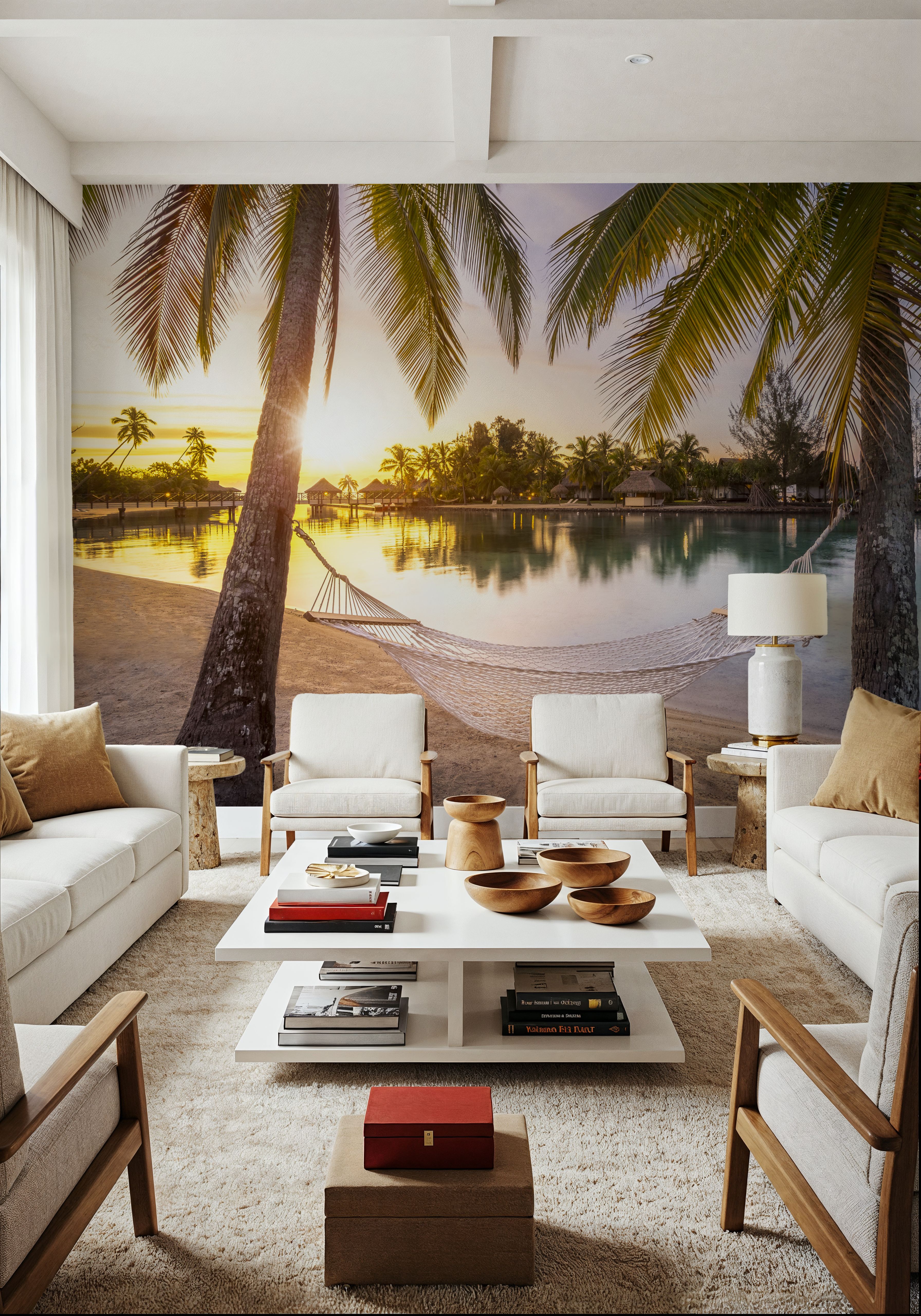 Wall Mural - Hammock Rest - Beach Landscapes mural wallpaper - Yellow - Bedroom - Wallism US - Premium, Textured or Peel & Stick