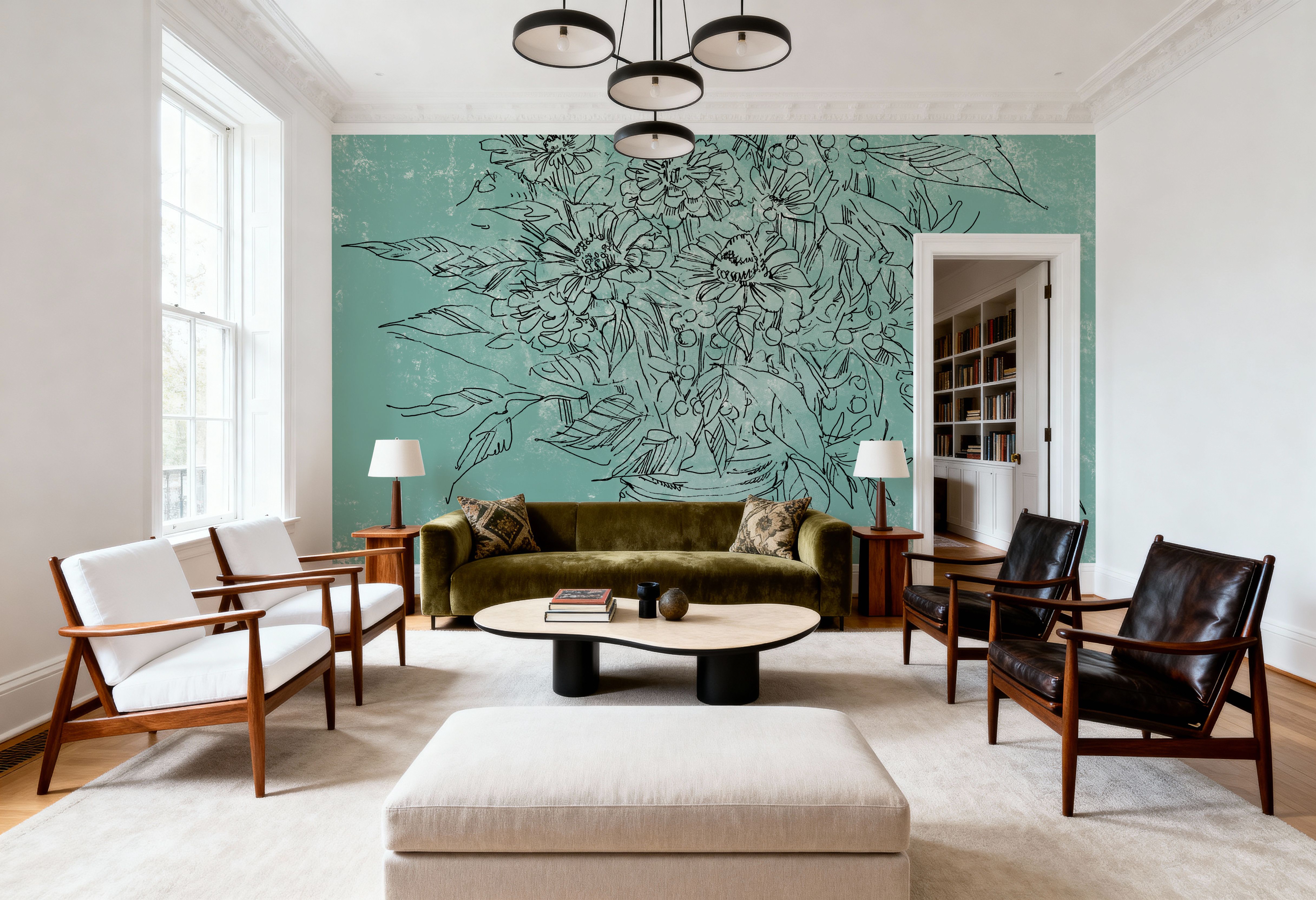 Zinnias in Glass Jar Sketch, Behang