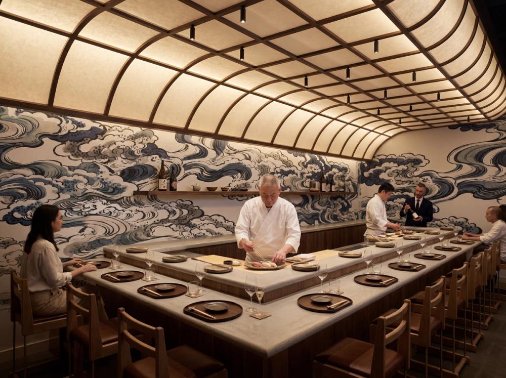 an interior image of a high end sushi restaurant with a japanese wood block print cloud themed wall mural on the walls