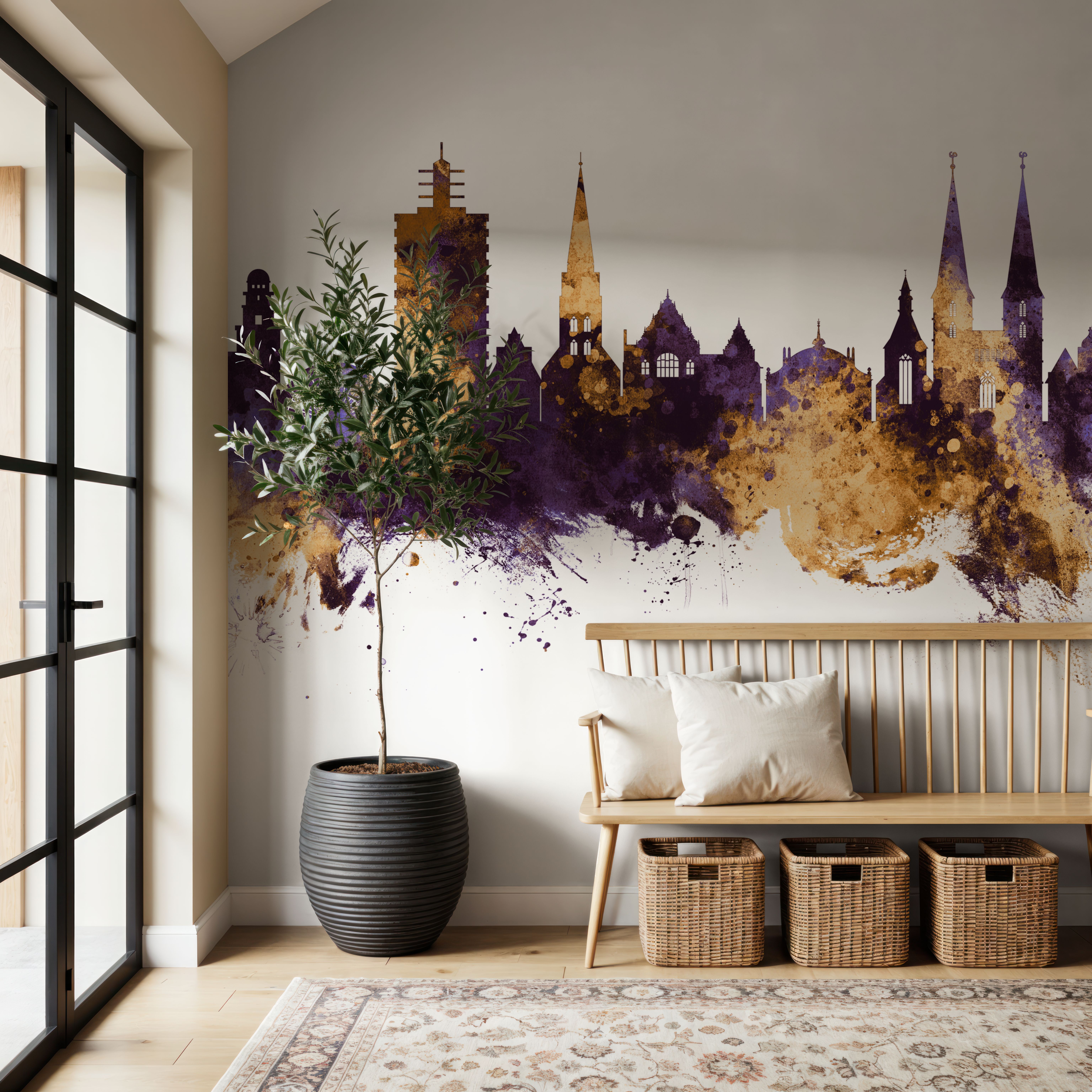 Wall Mural - Bielefeld Germany Skyline Purple & Gold - Abstract mural wallpaper - Offices - Wallism US - Premium, Textured or Peel & Stick