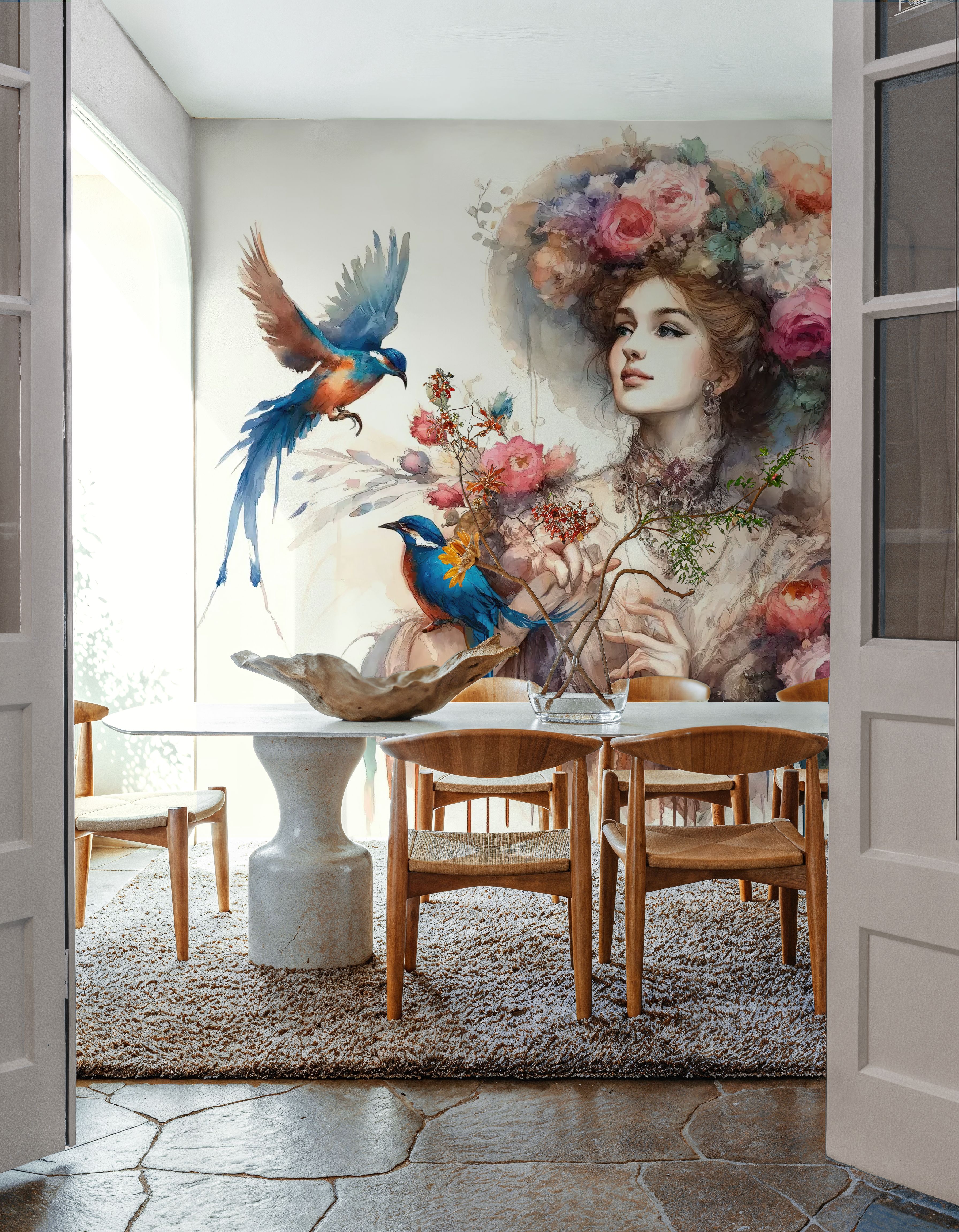 Enchanting Lady Amidst Blooms and Birds