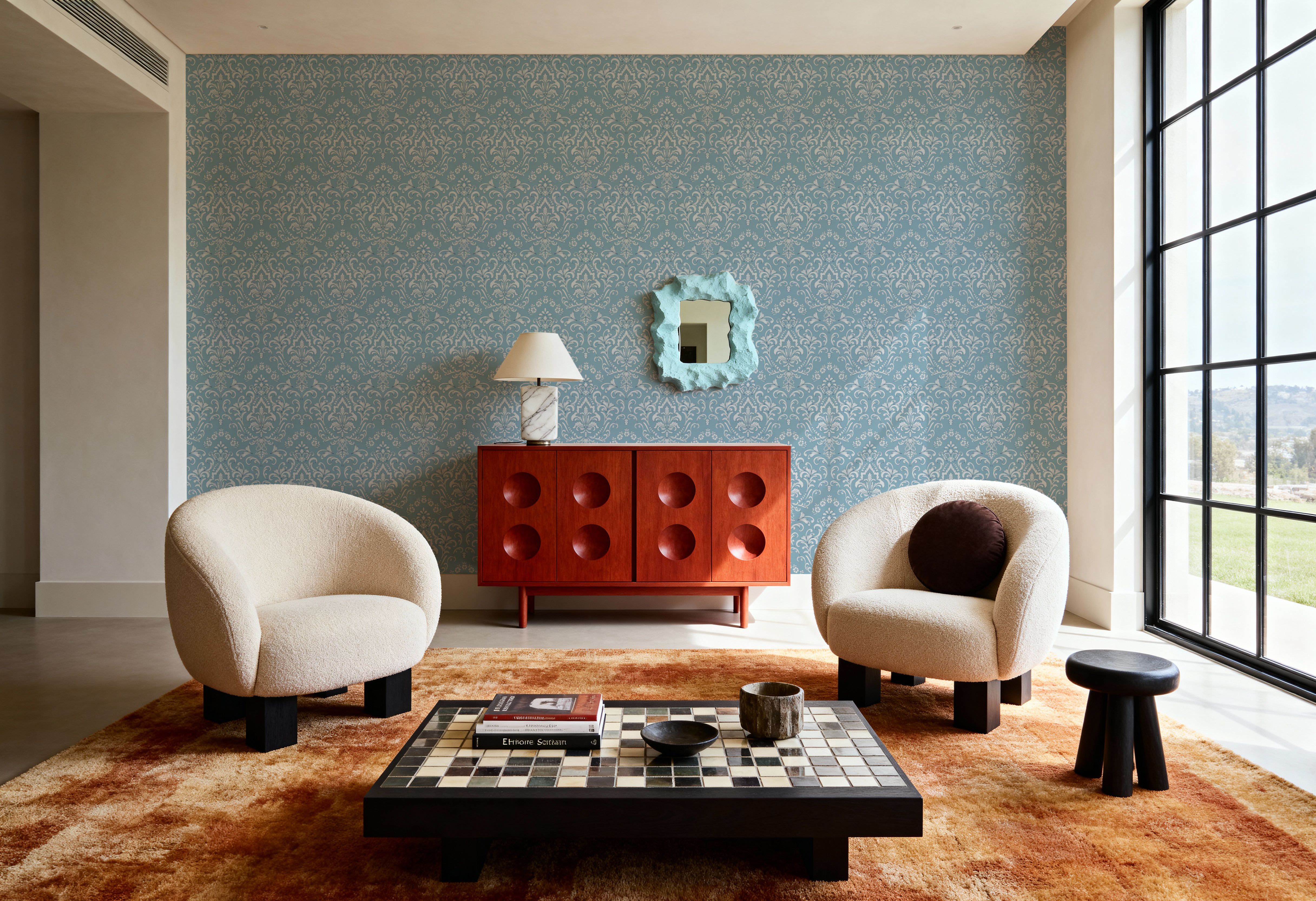 Wall Mural - Ludovici Pattern, French Blue - Damask Folk mural wallpaper - Offices - Wallism US - Premium, Textured or Peel & Stick