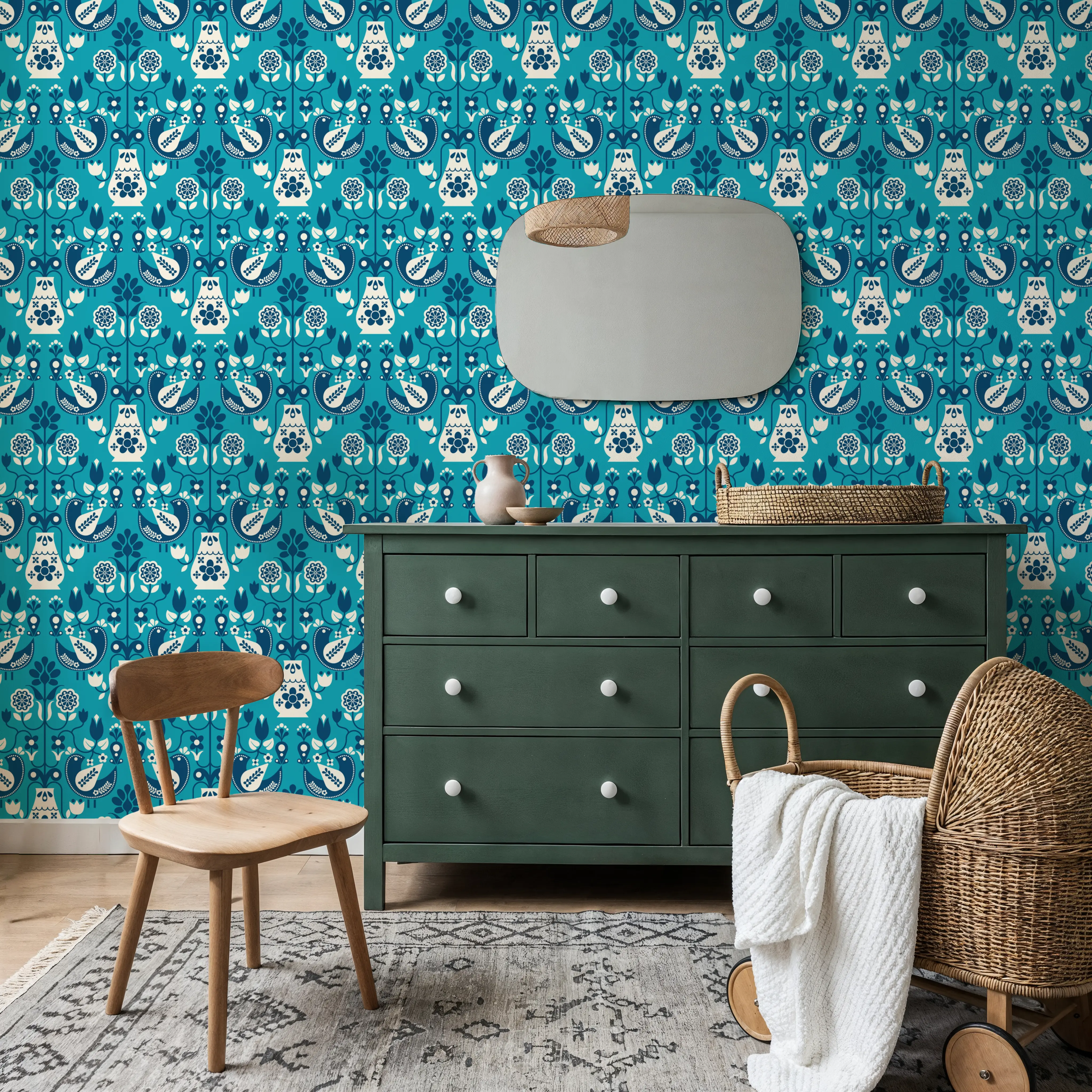 Wallpaper - Dandi Scandi, Turquoise - Birds Animals - Blue - Dining Room - Wallism UK - Peel & Stick or Paste-the-Wall