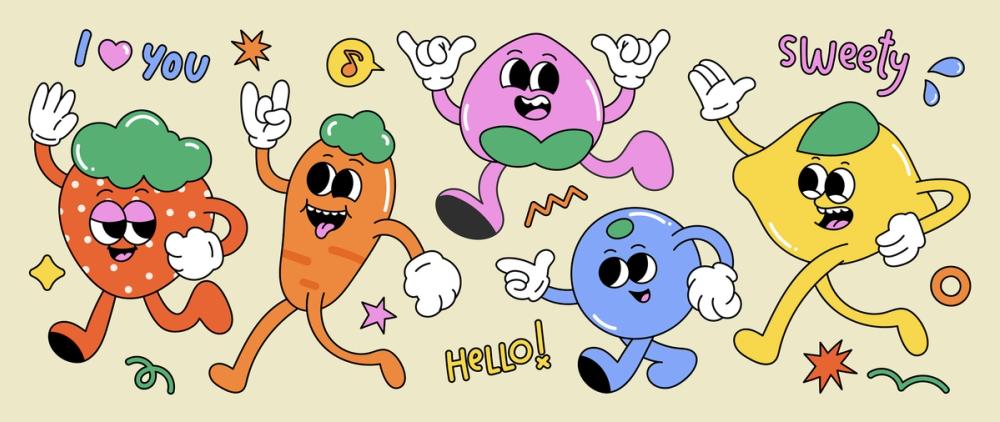 Illustration of graphic happy, retro gumball figures