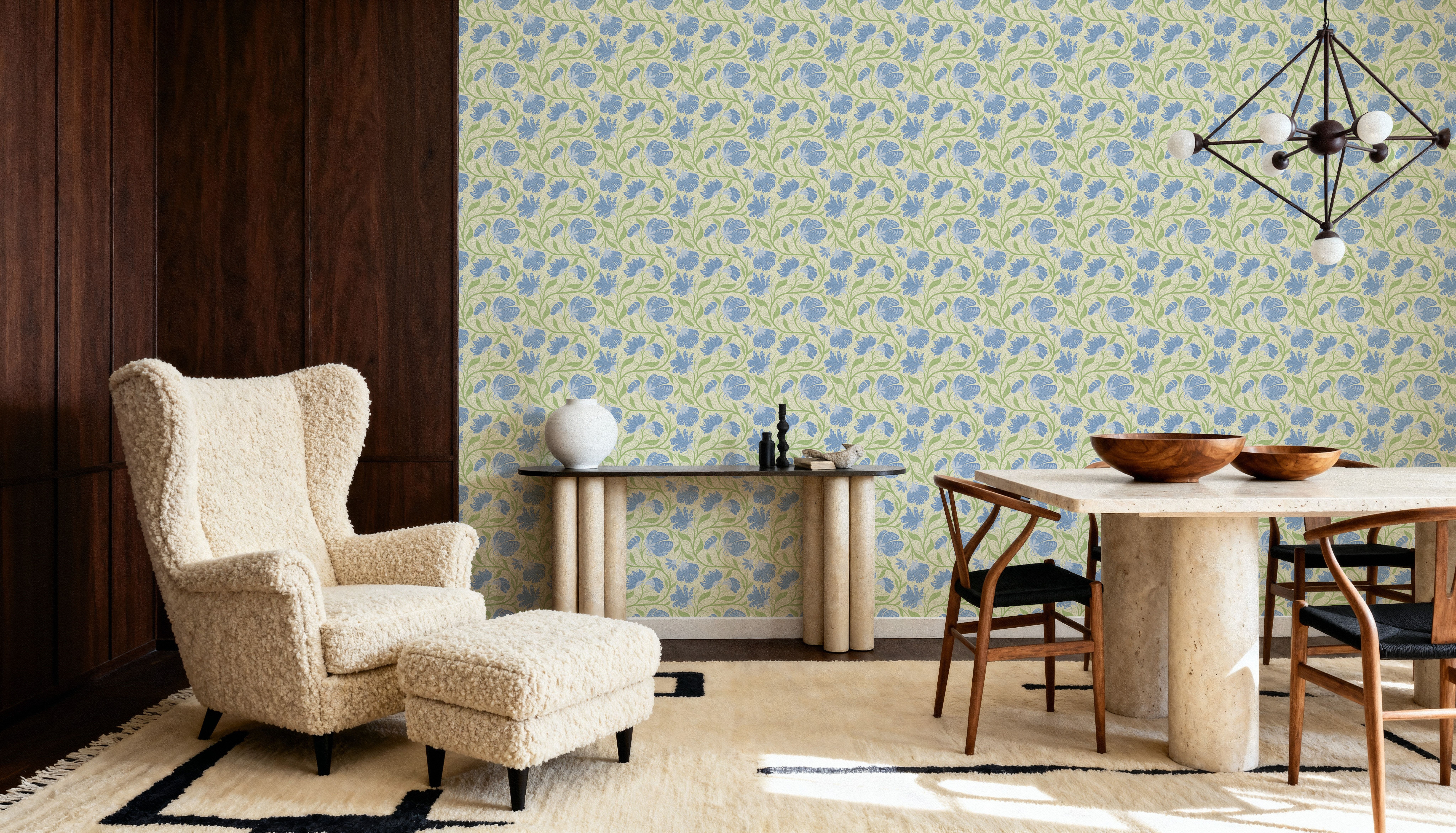 Indial Floral, Baby Blue on Light Green
