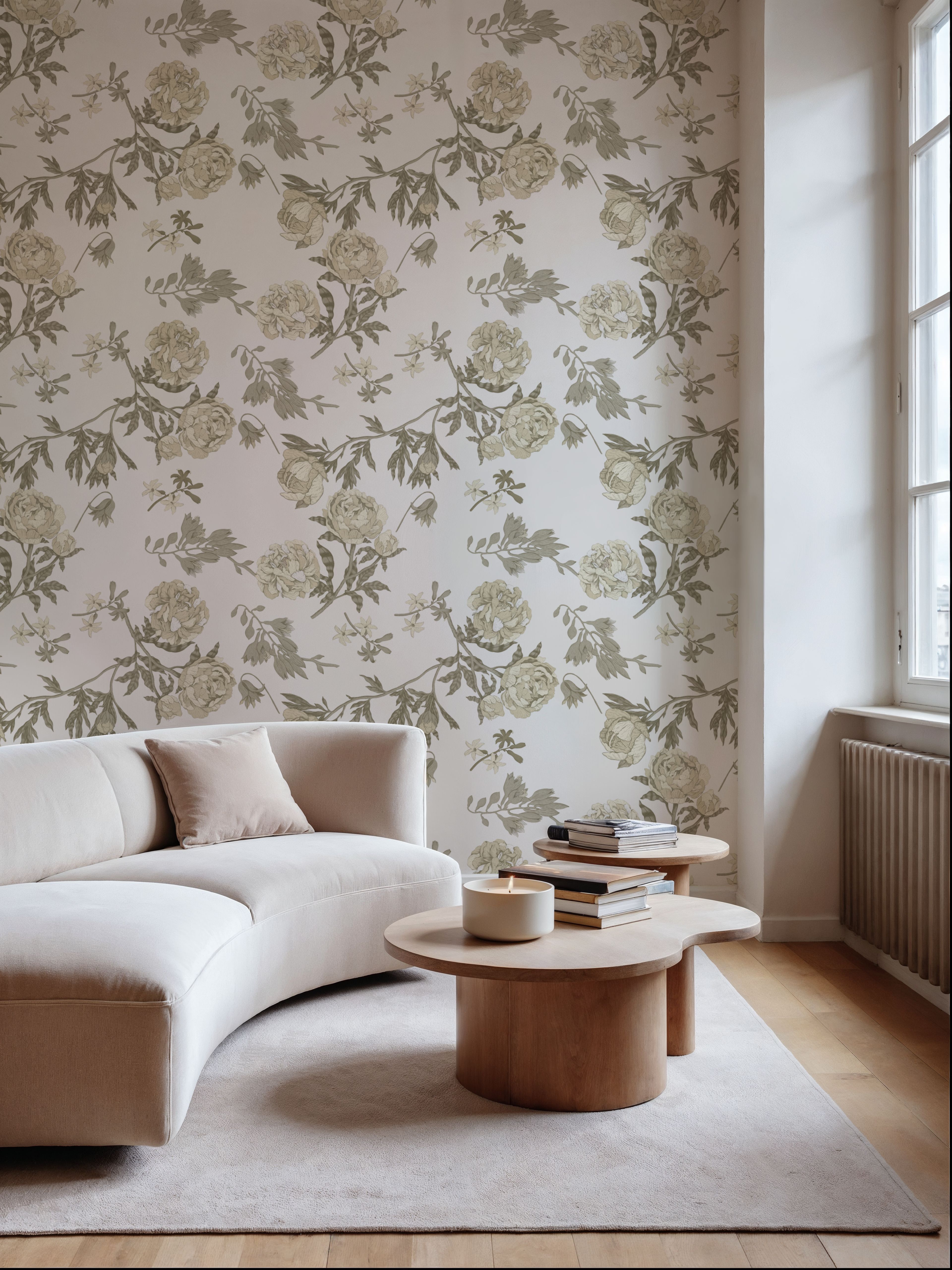 Peony Passion, Khaki on White