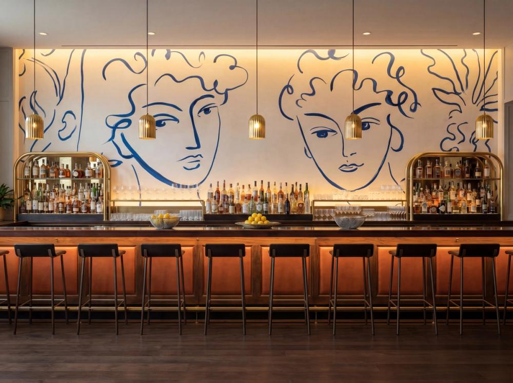 an interior image of a cocktail bar with a painted faces wall mural behind the bar