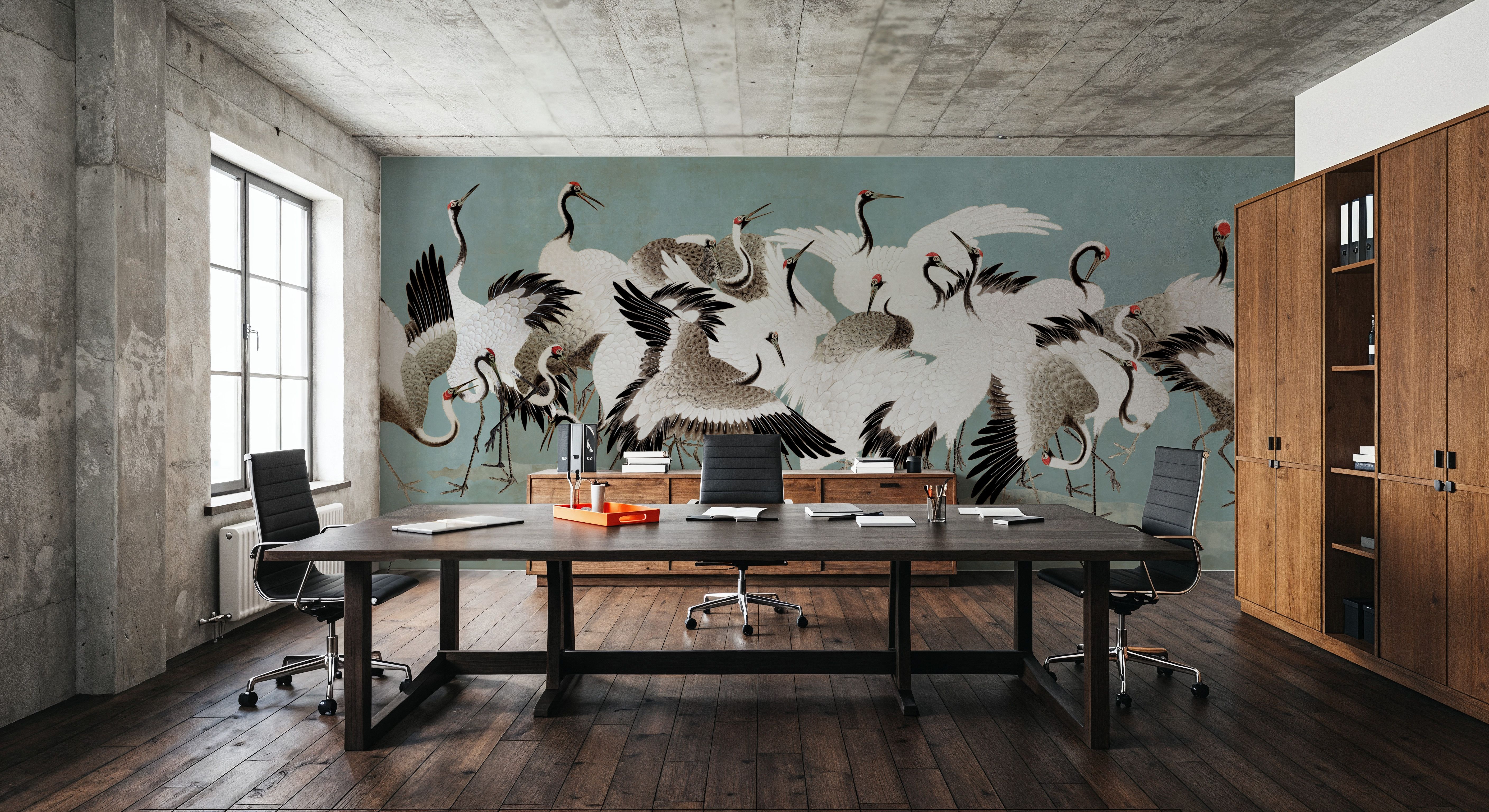 Japanese Flock of Cranes, Calm Ocean