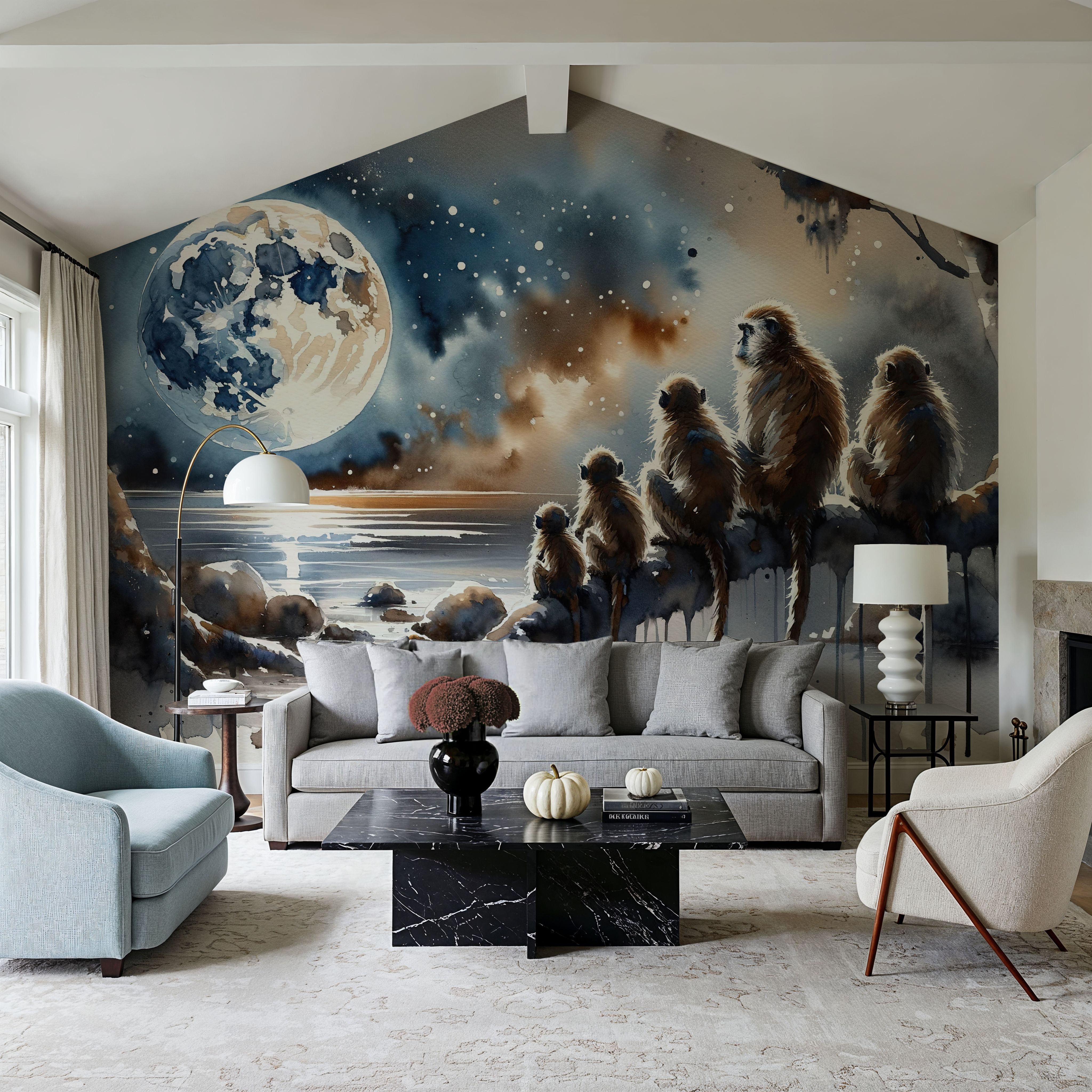 Monkey Family Night Giant Moon Watercolor