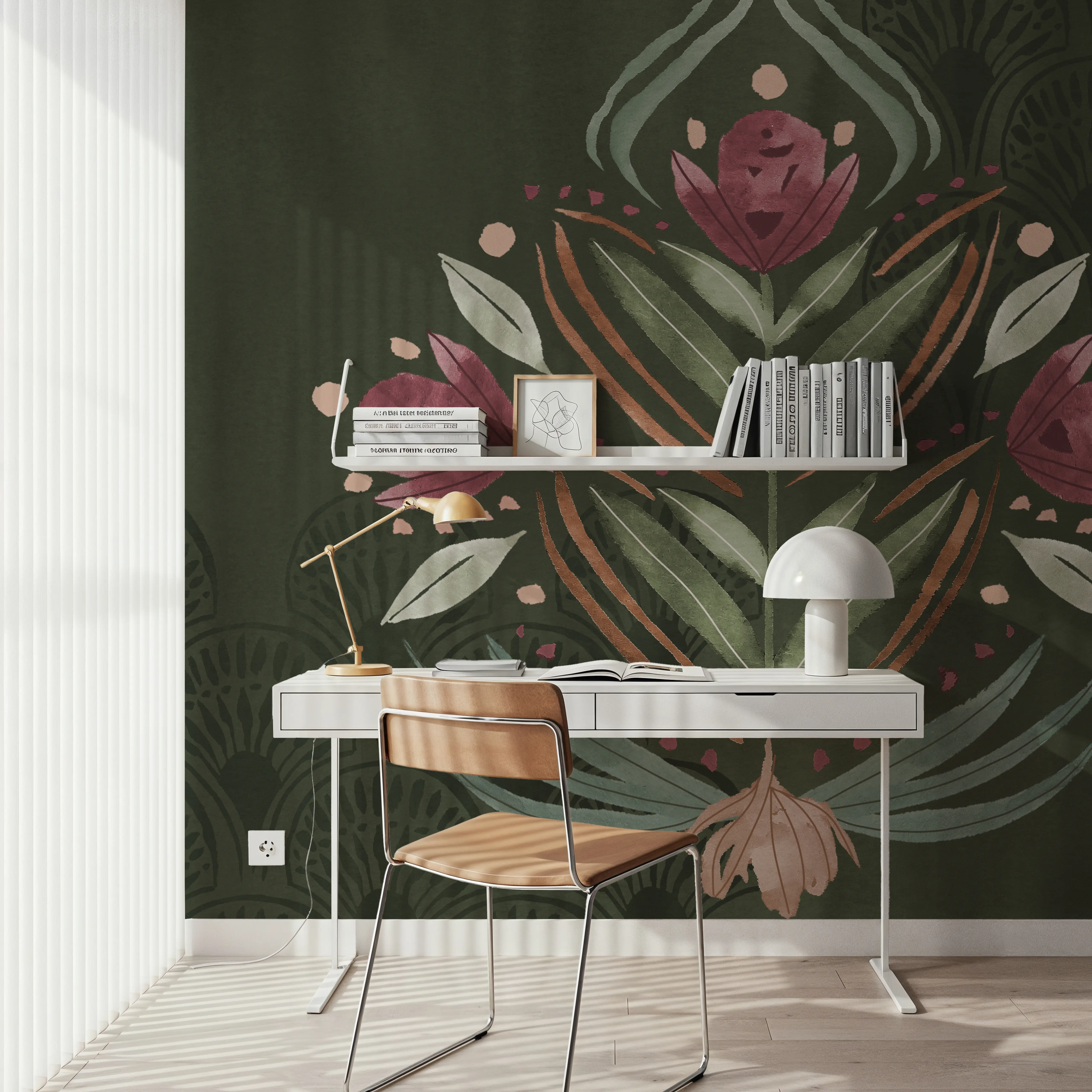 Fotobehang - Impressions IV - Bloemen Folk Mural - Groen - Slaapkamers - Wallism België - Zelfklevend of Vliesbehang