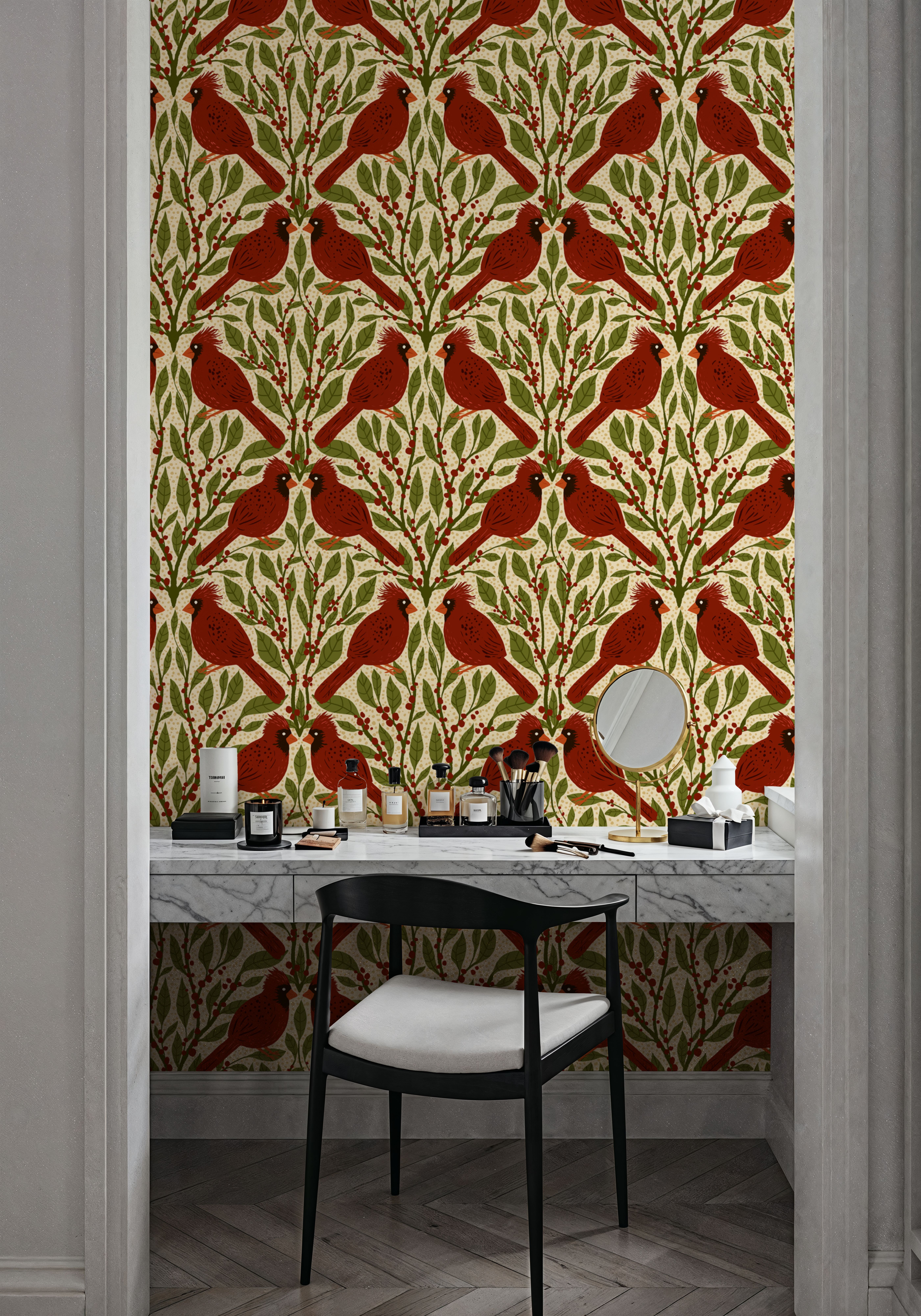 Cardinals & Winterberries, Vintage, Tapeten