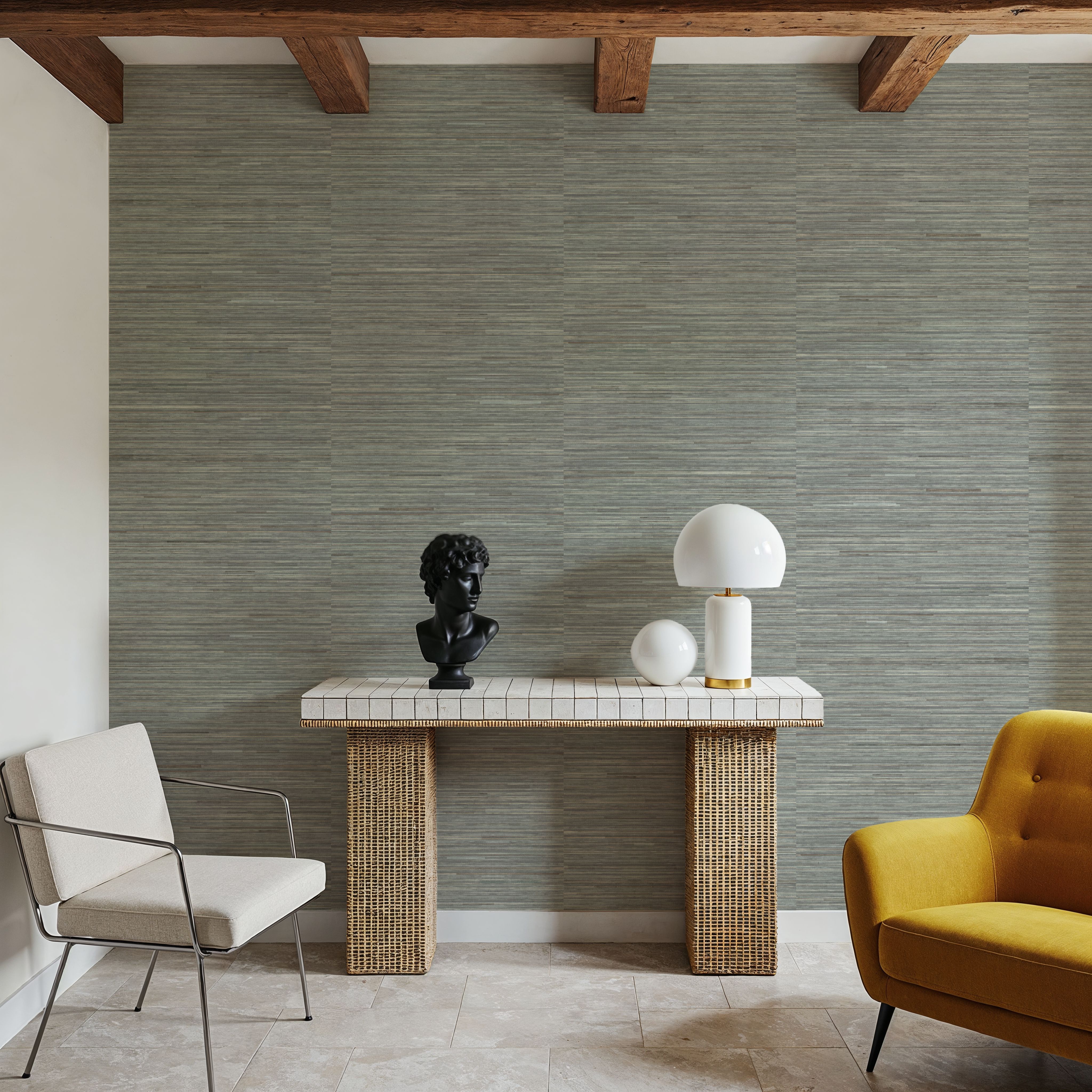 Faux Grasscloth with Visible Seams, Stone Grey