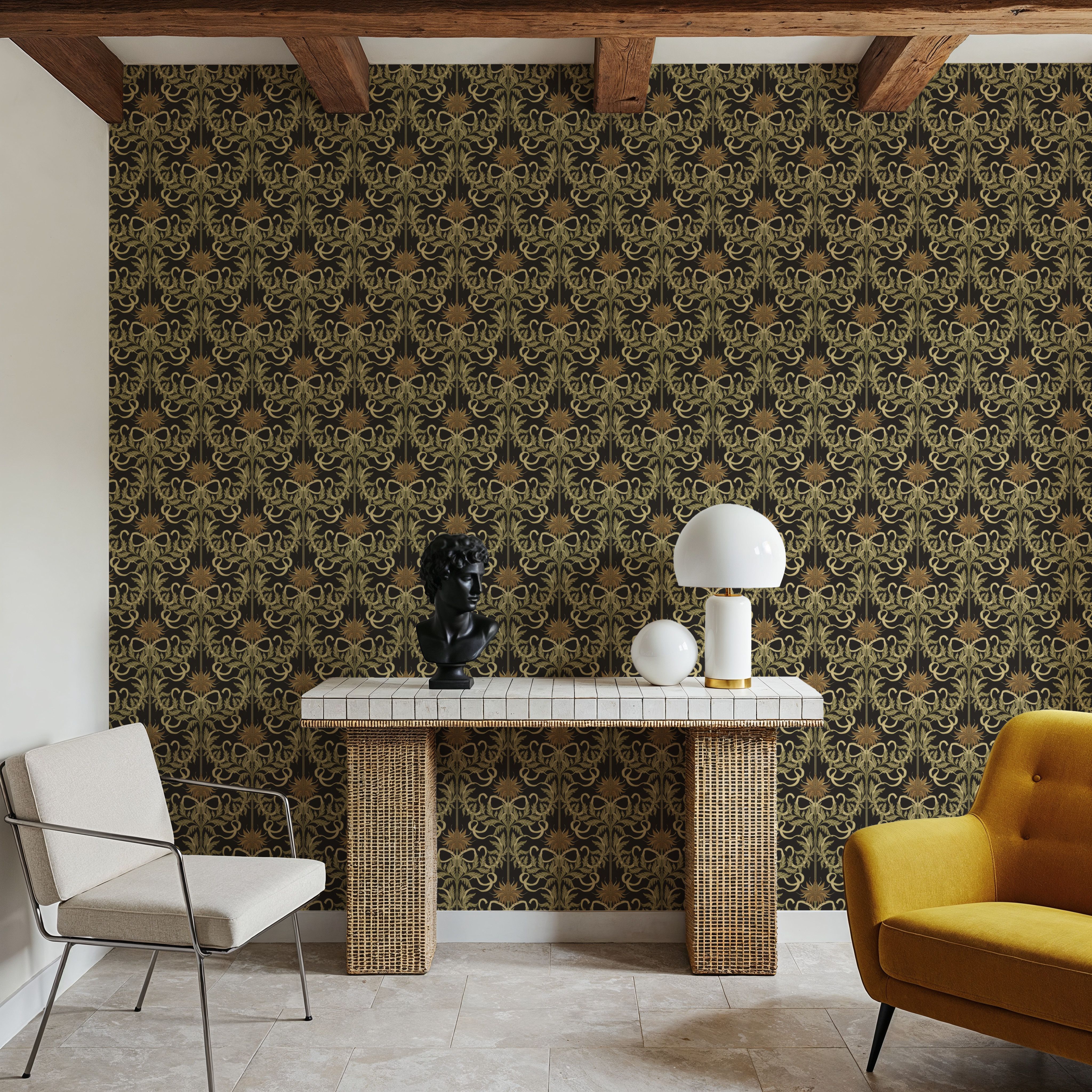 Floral Damask & Bows, Beige