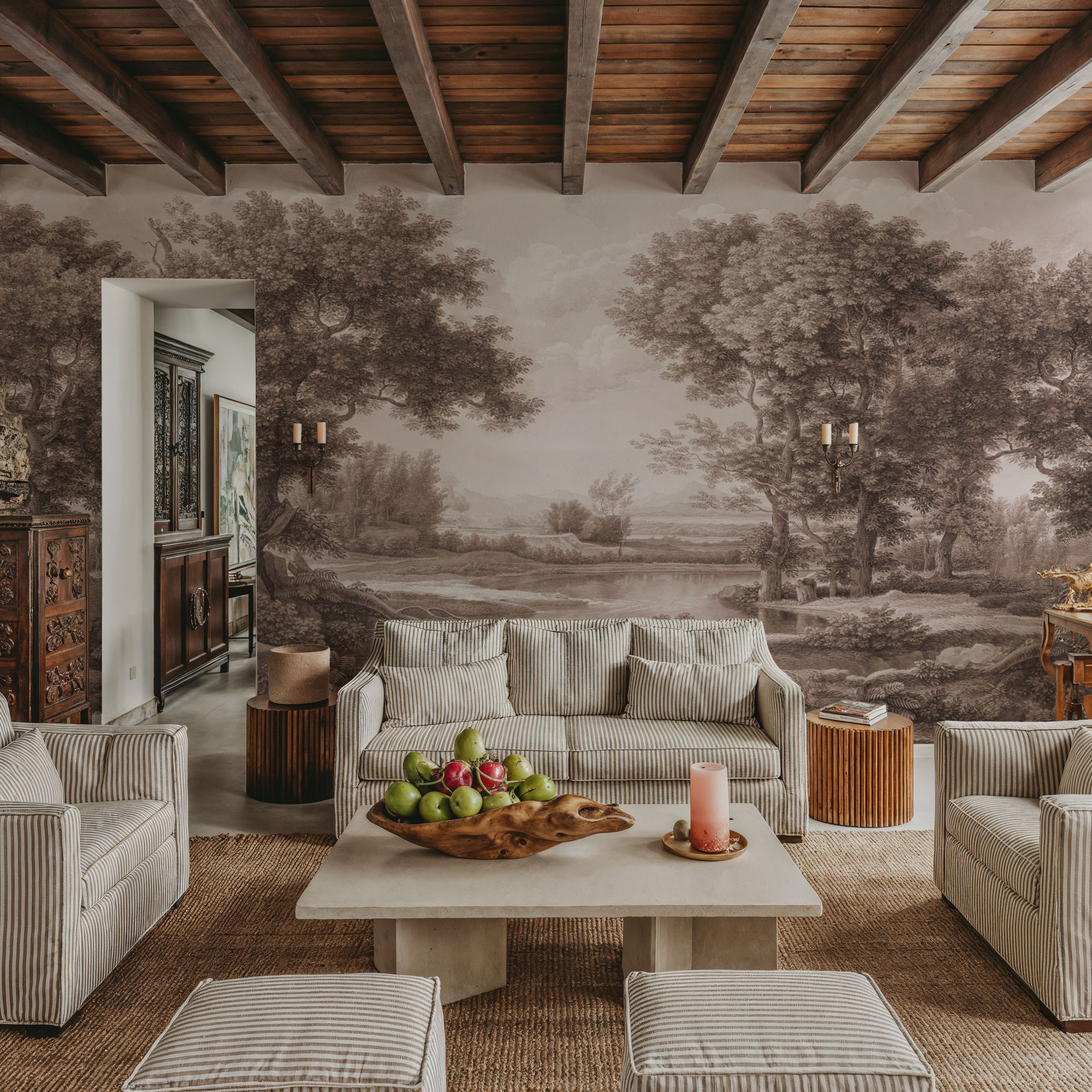 Riverbank Oak Landscape, Sepia