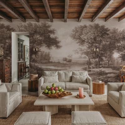 Riverbank Oak Landscape, Sepia