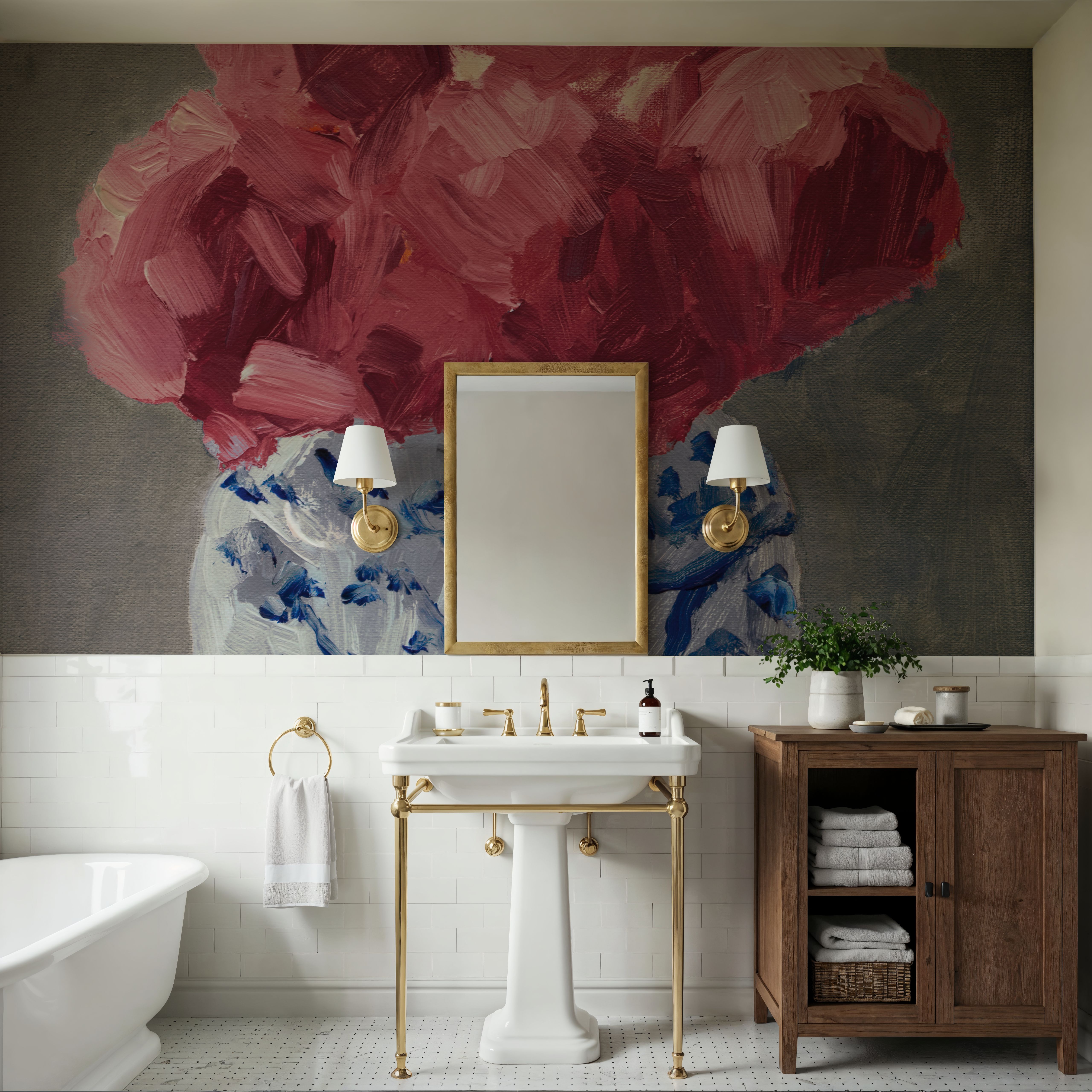 Wall Mural - Peonies in Chinoiserie Vase Country Traditions - Chinoiserie Nature mural wallpaper - Pink - Dining Room - Wallism UK