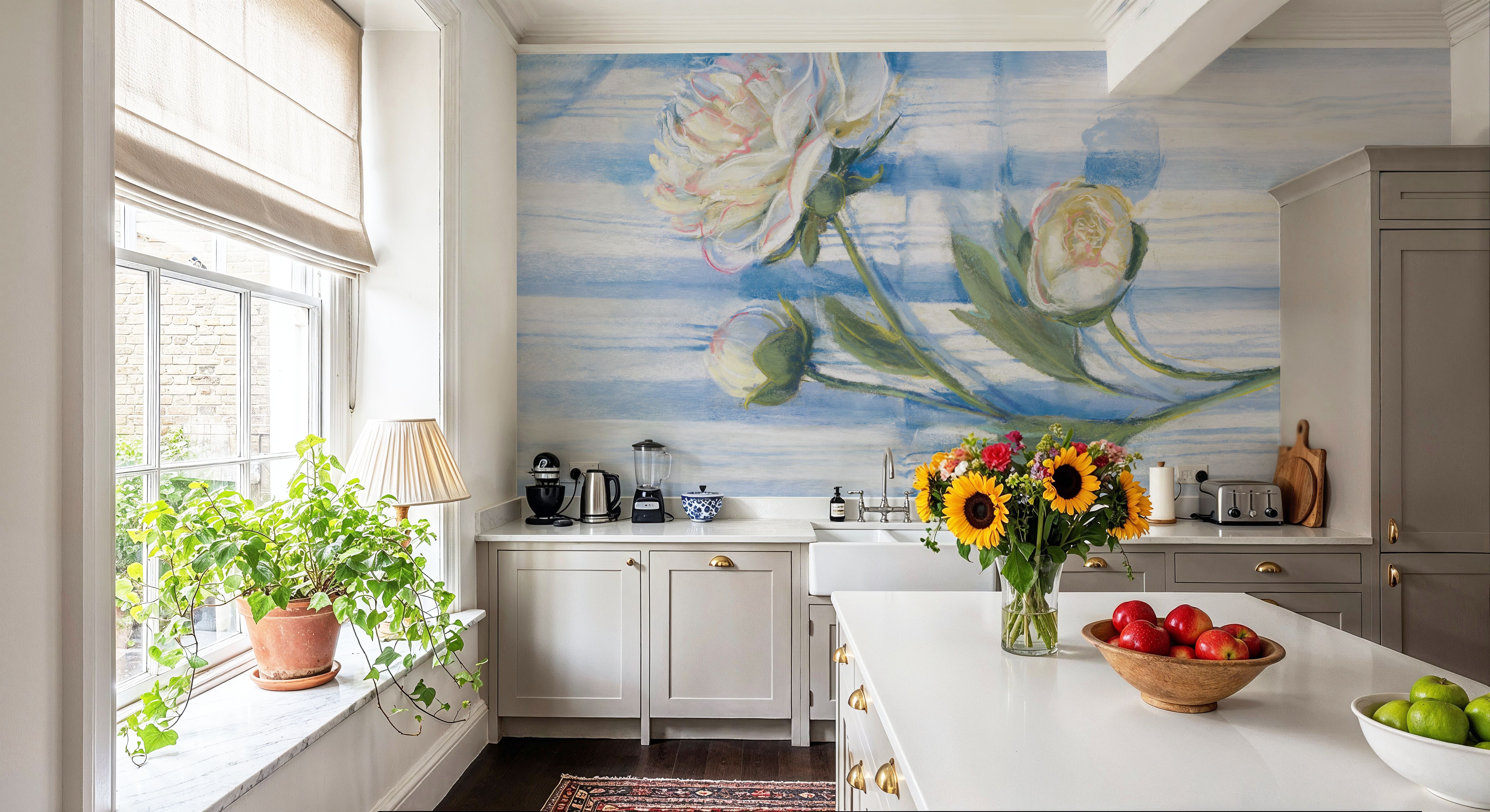 Peony on Blue Stripe