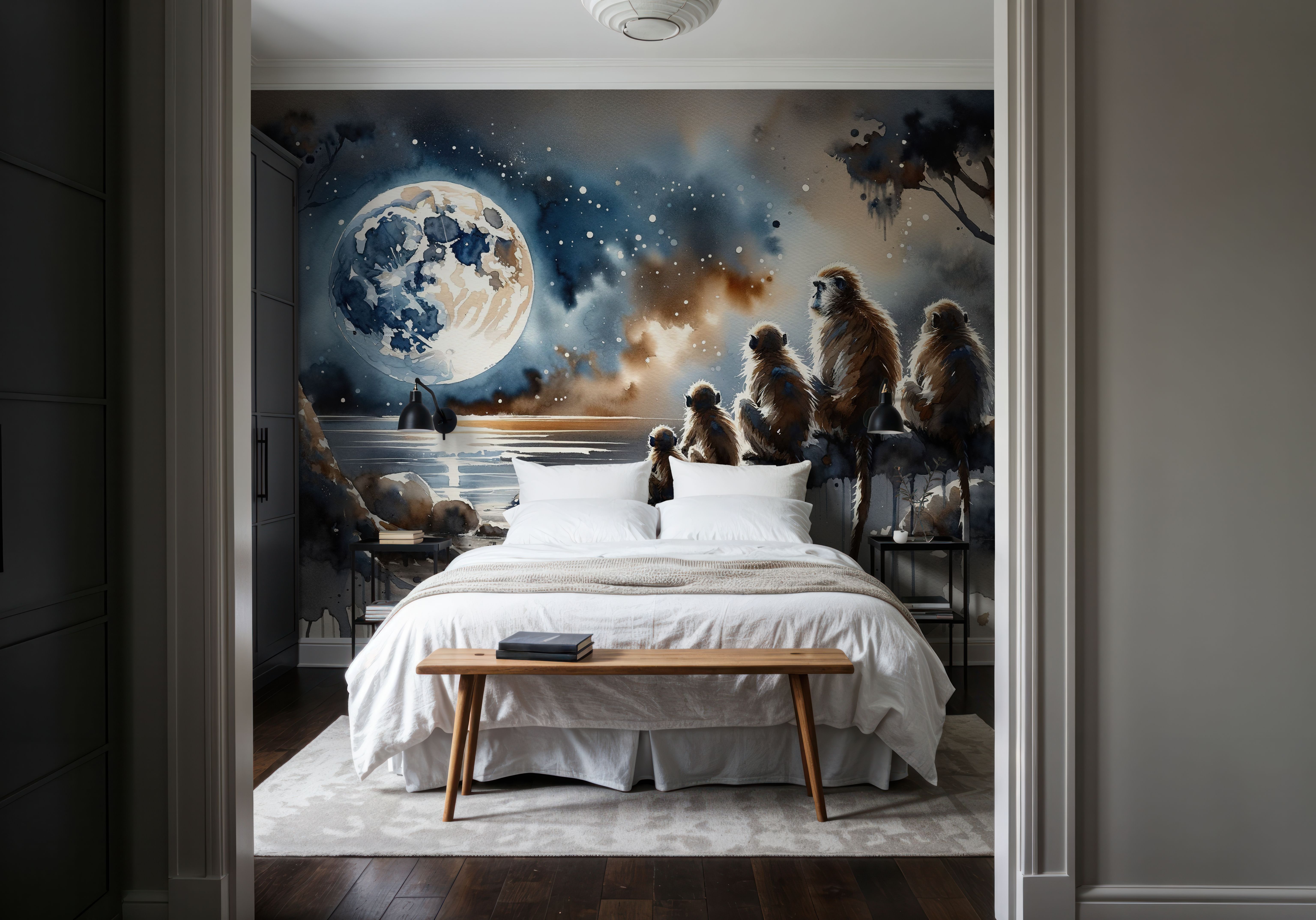 Monkey Family Night Giant Moon Watercolor