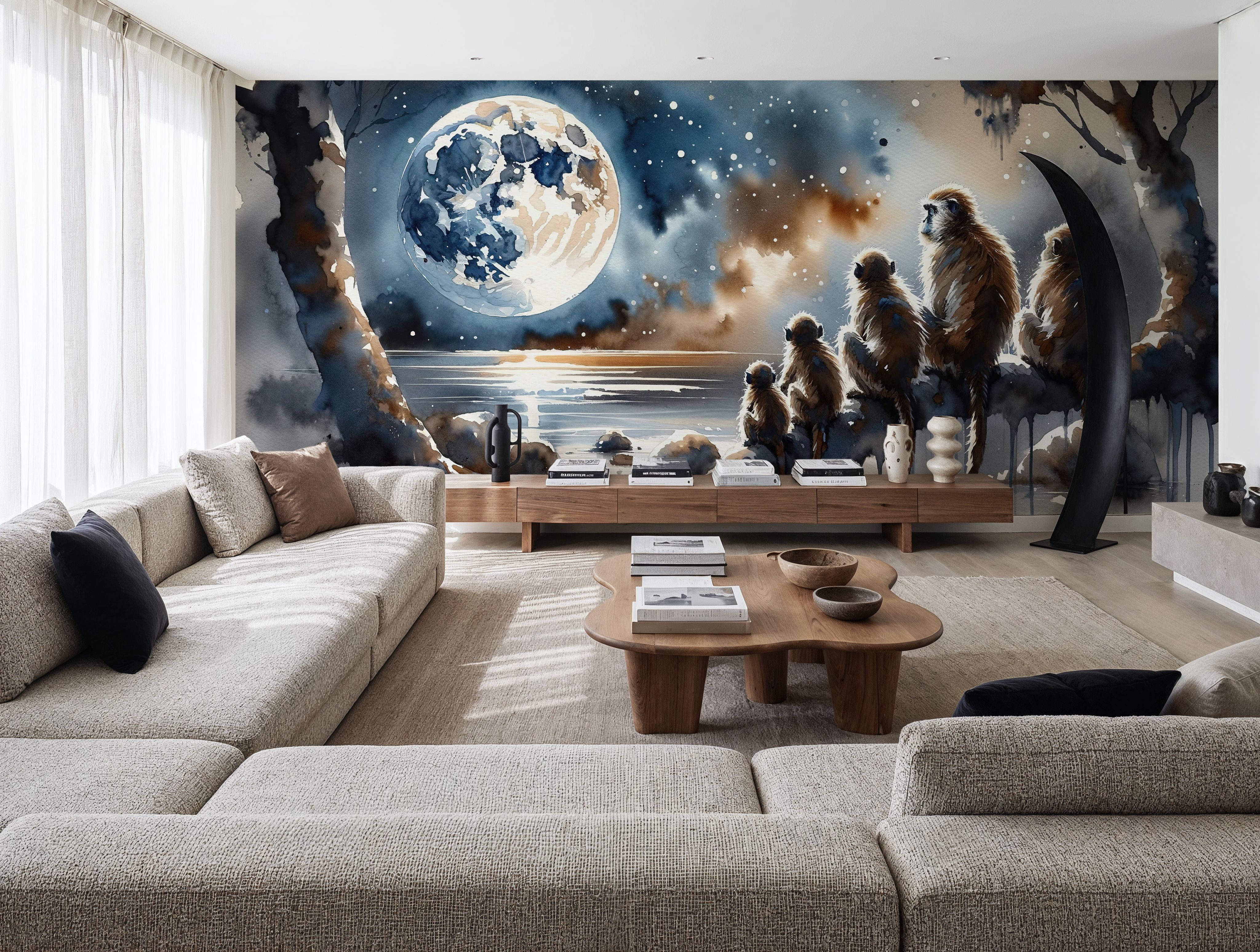 Monkey Family Night Giant Moon Watercolor