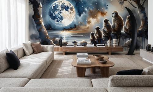 Monkey Family Night Giant Moon Watercolor