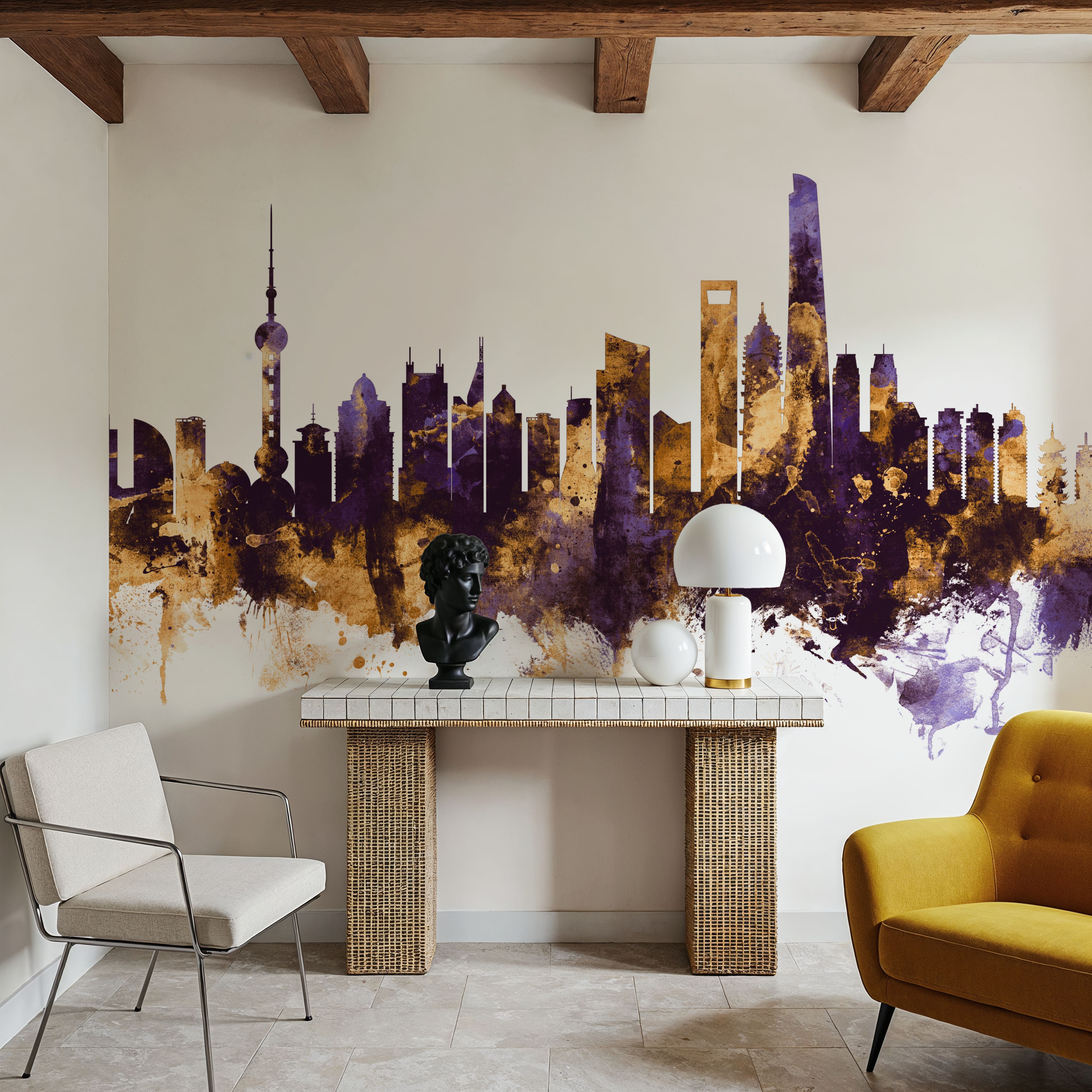 Shanghai China Skyline Purple & Gold