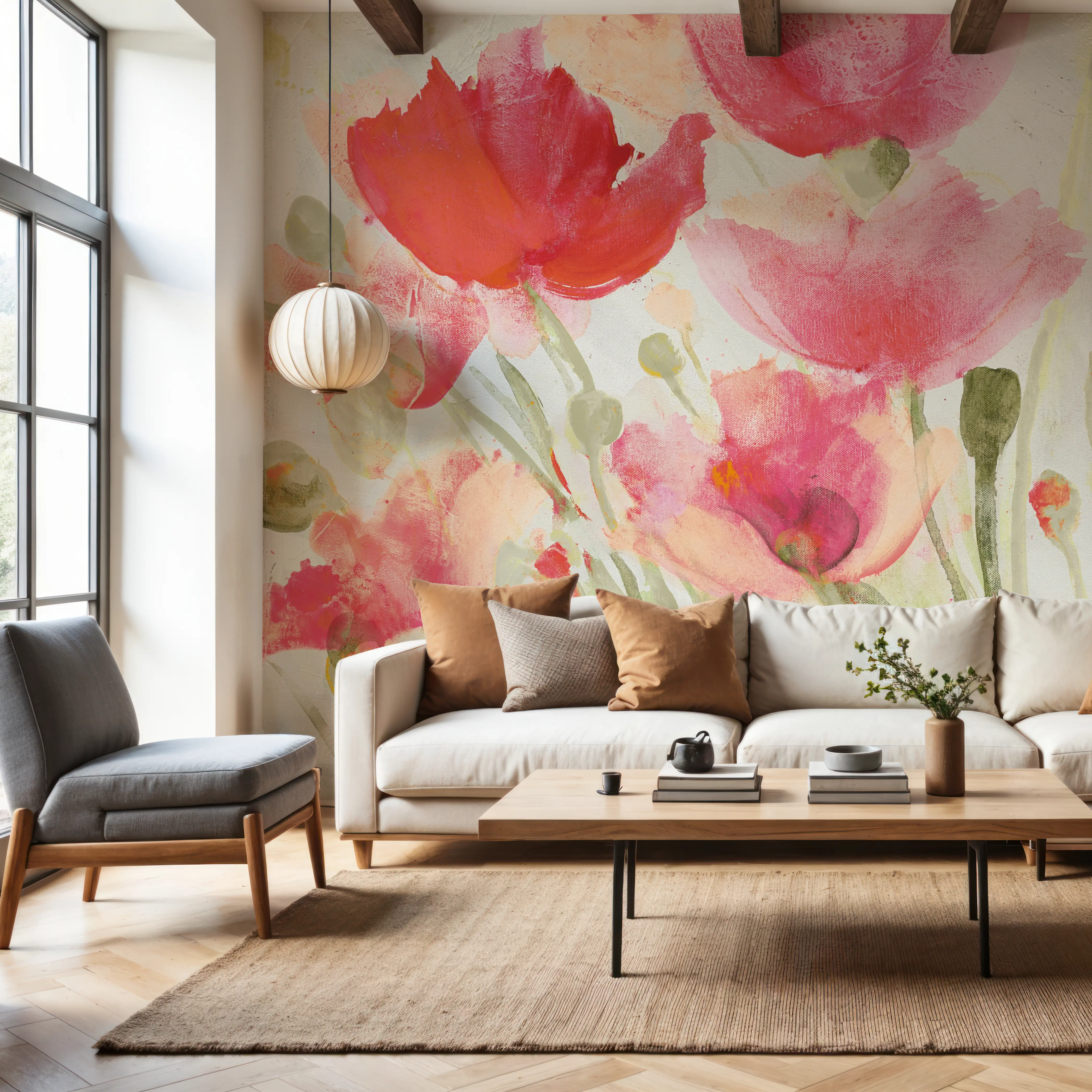 Wall Mural - Blush Poppies - Abstract Nature mural wallpaper - Pink - Hallway staircases - Wallism UK - Peel & Stick or Paste-the-Wall