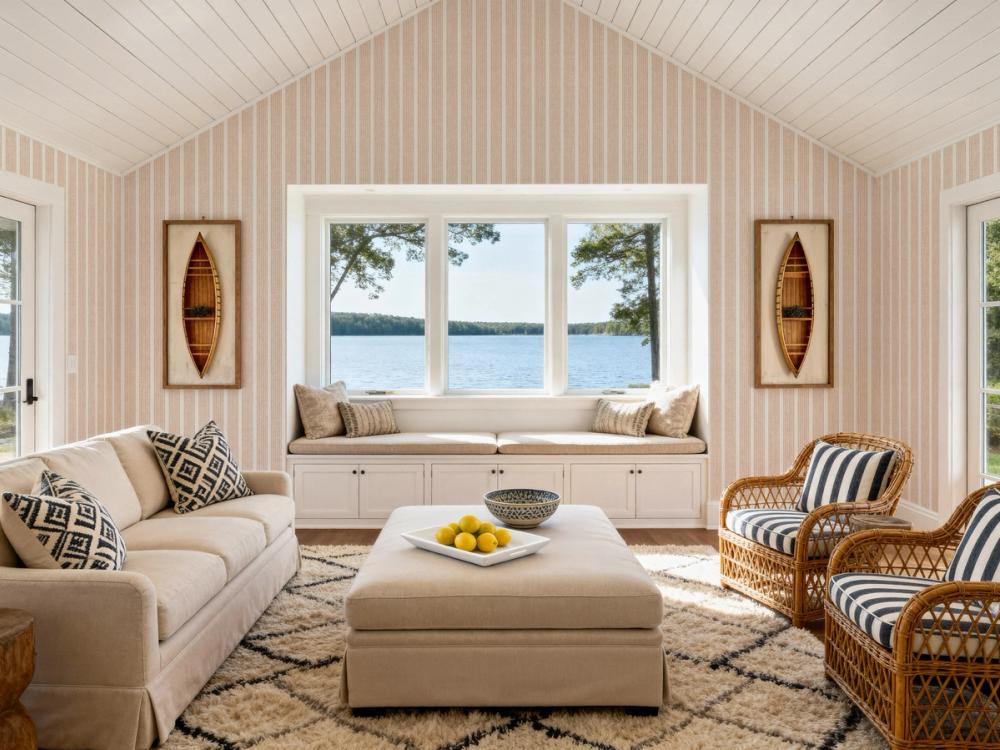 a photo of a lake house livingroom, with lake views outside the window and maritime interior