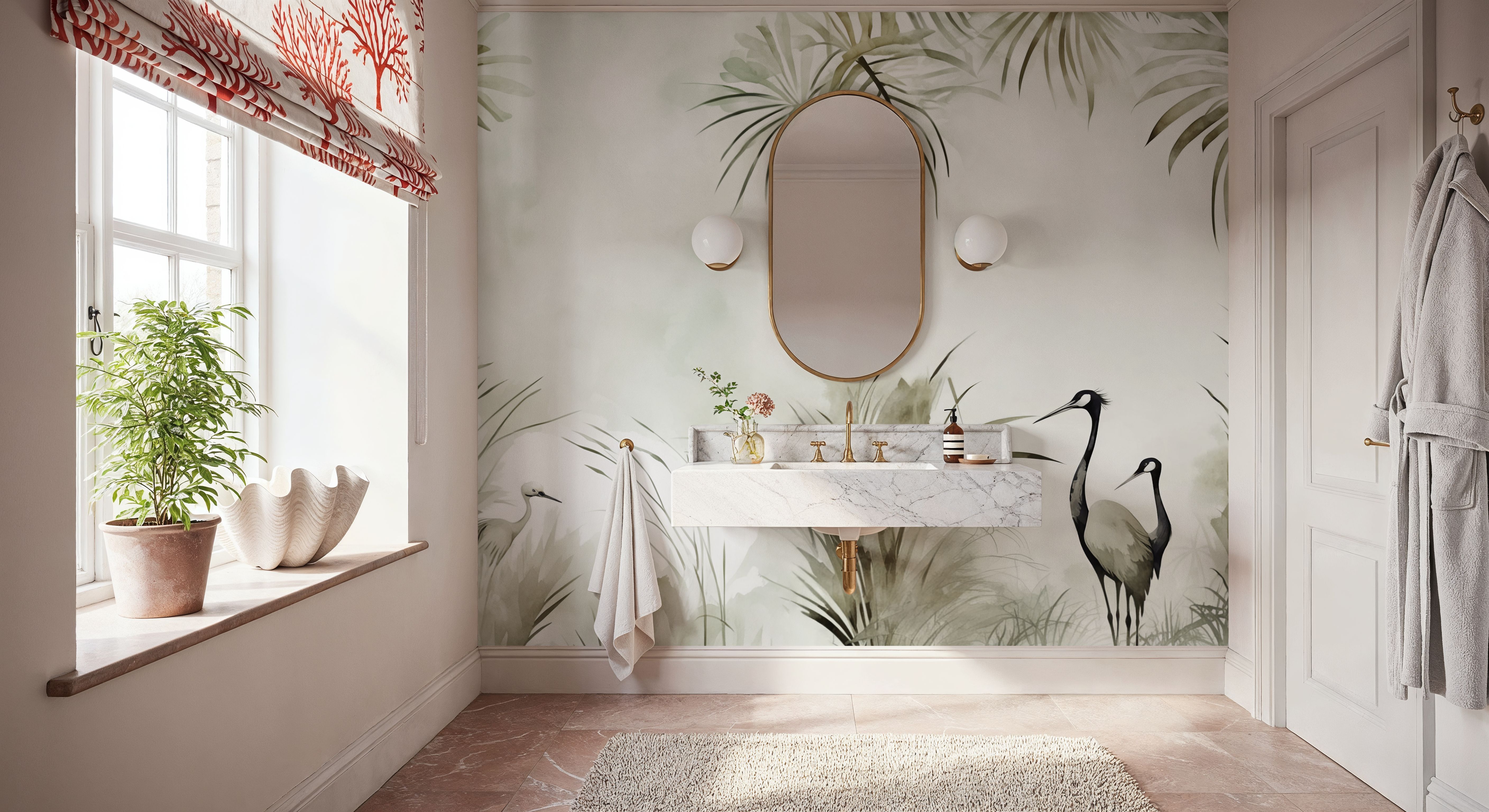 Cranes in a Field Green, Wallpaper