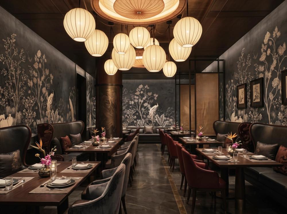 an interior photo of a high end chinese restaurant with a dark chinoiserie wallpaper with white birds and plants on the walls
