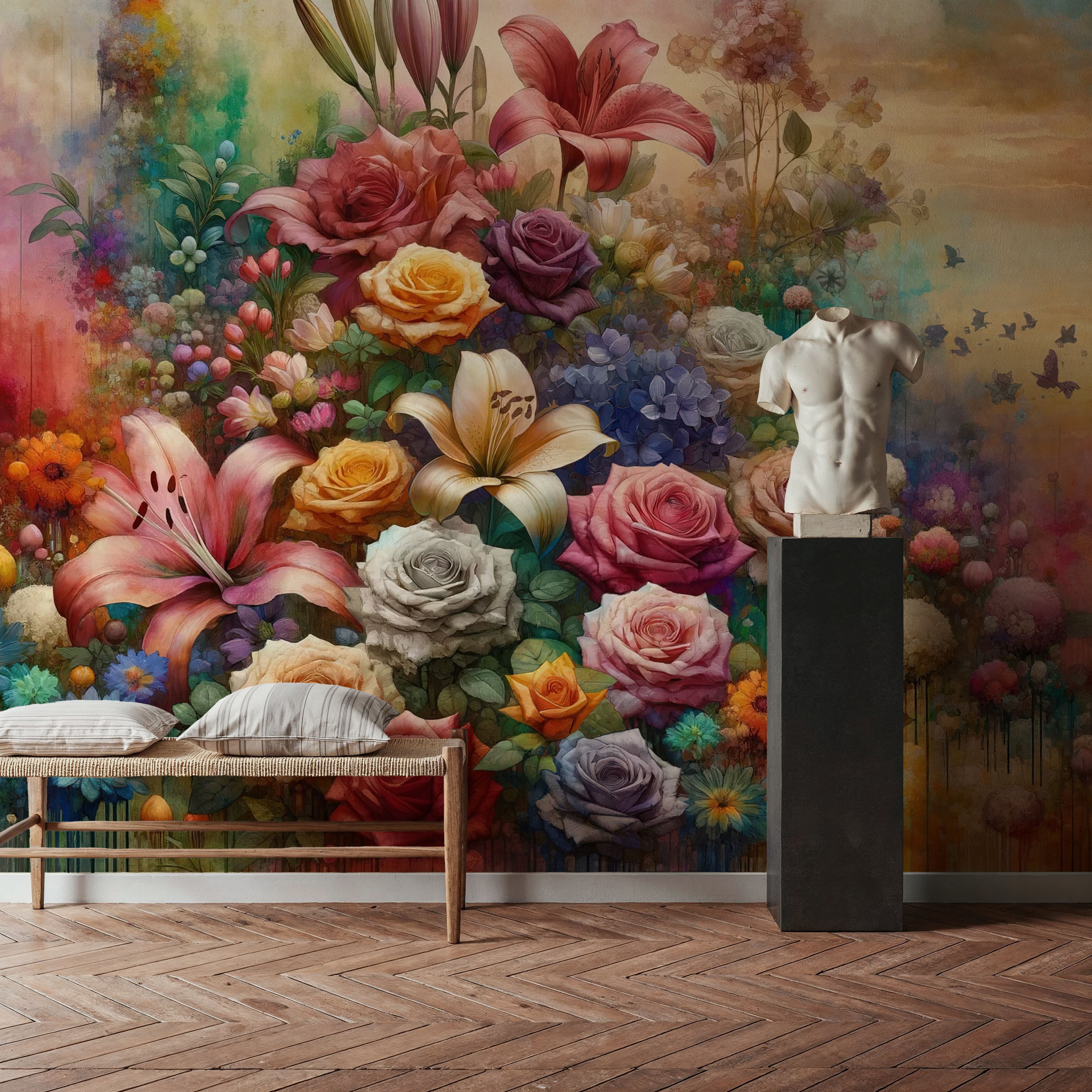 Watercolor Exuberant Garden At Sunse