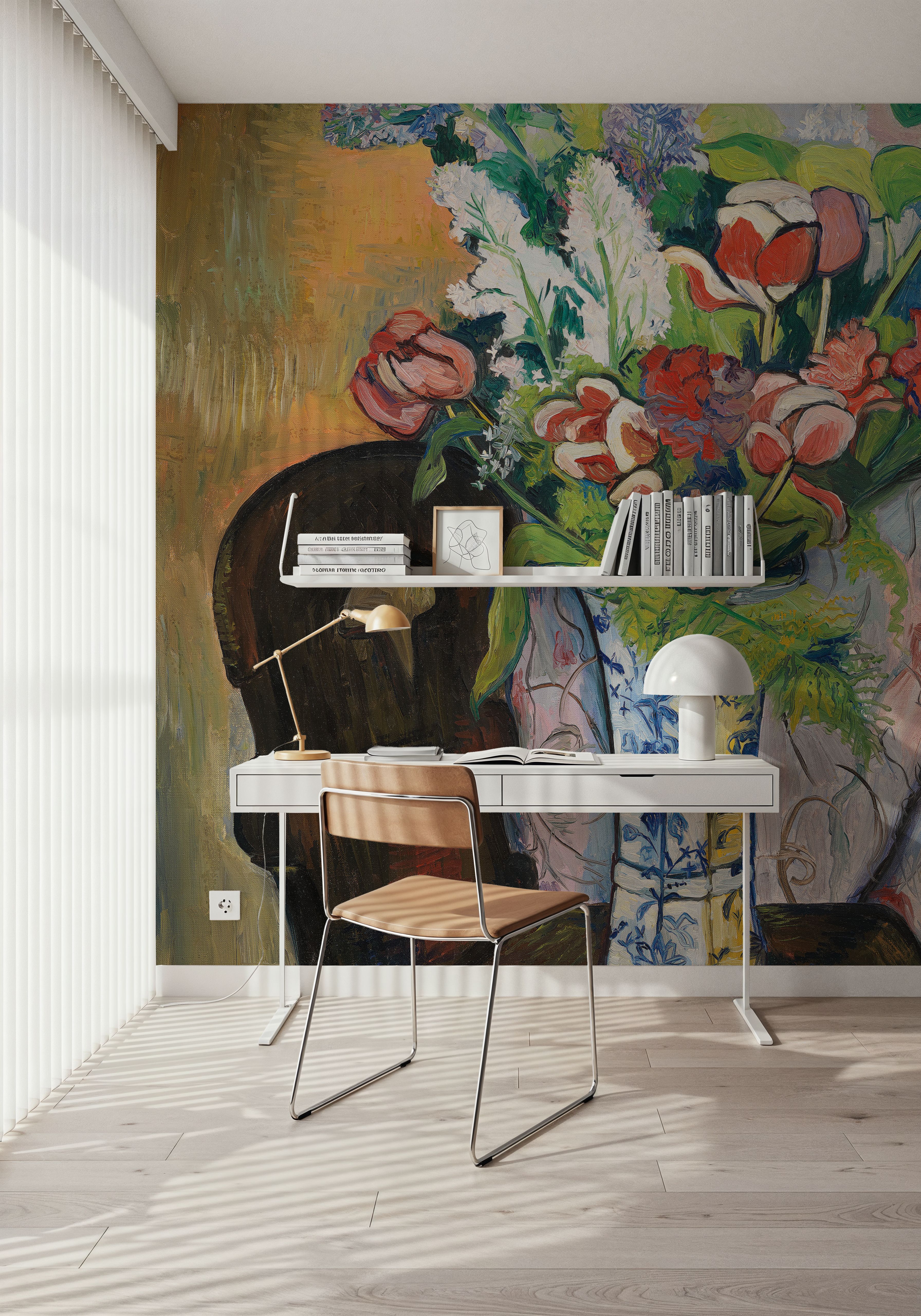 Wall Mural - Etruscan Vase with Flowers - Foliage Nature mural wallpaper - Green - Dining Room - Wallism US - Premium, Textured or Peel & Stick