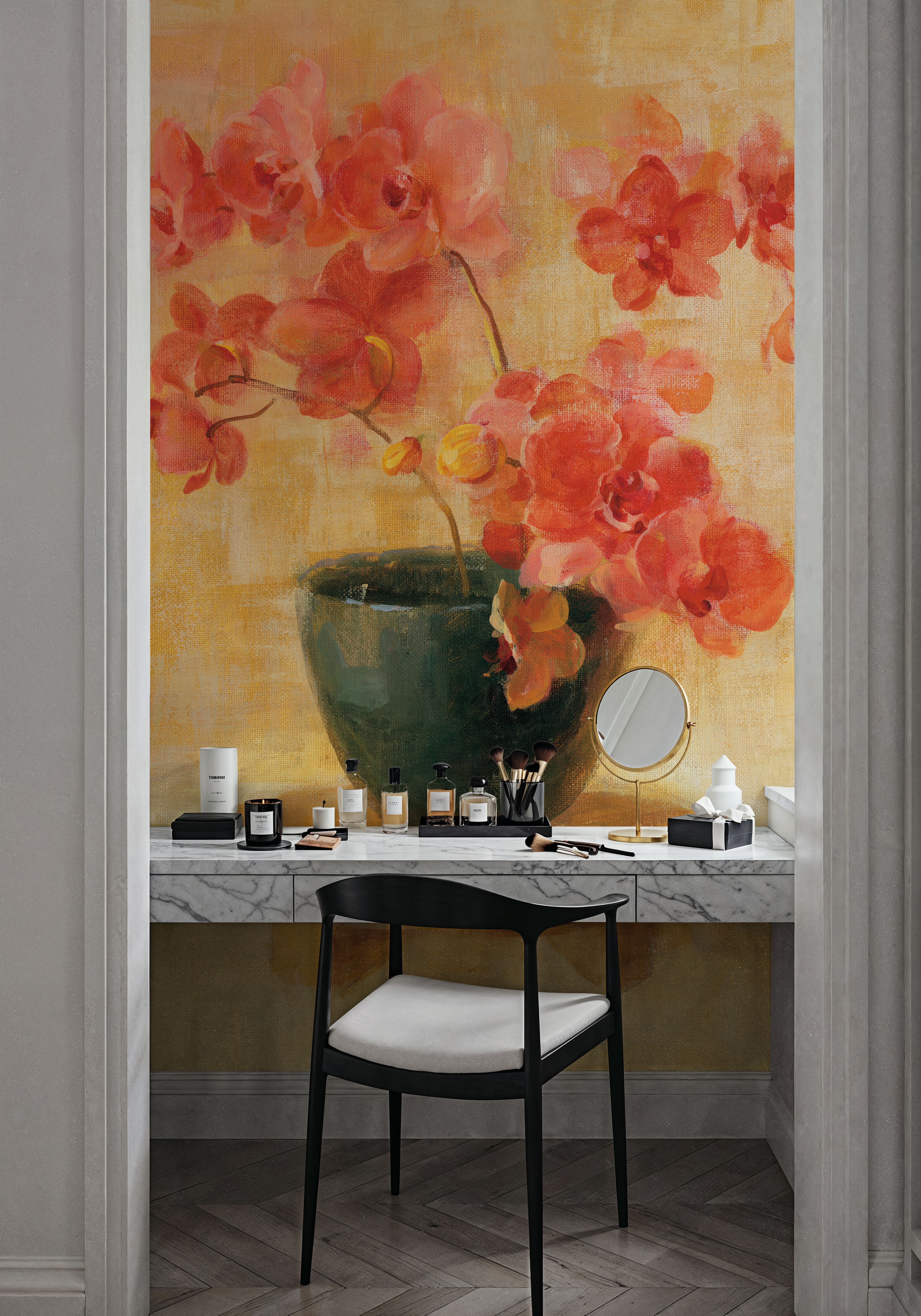 Pink Orchids in Black Vase