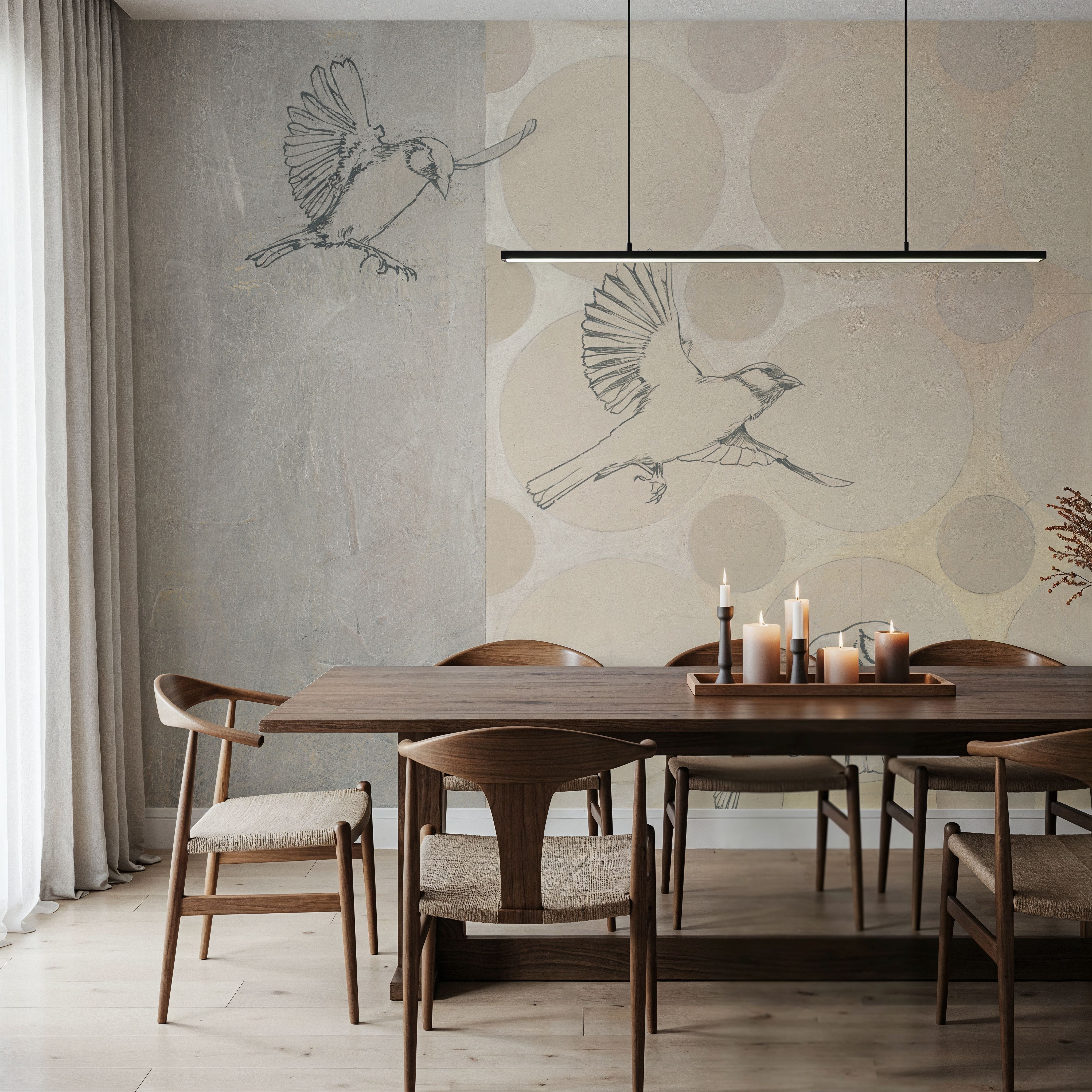 Wall Mural - Sparrows Alighting - Birds Circles mural wallpaper - White - Bedroom - Wallism US - Premium, Textured or Peel & Stick