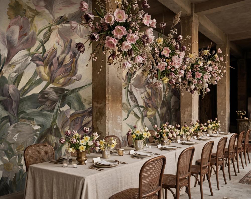 an interior photo of a wedding celebration location with set table and floral wallpaper mural on the wall