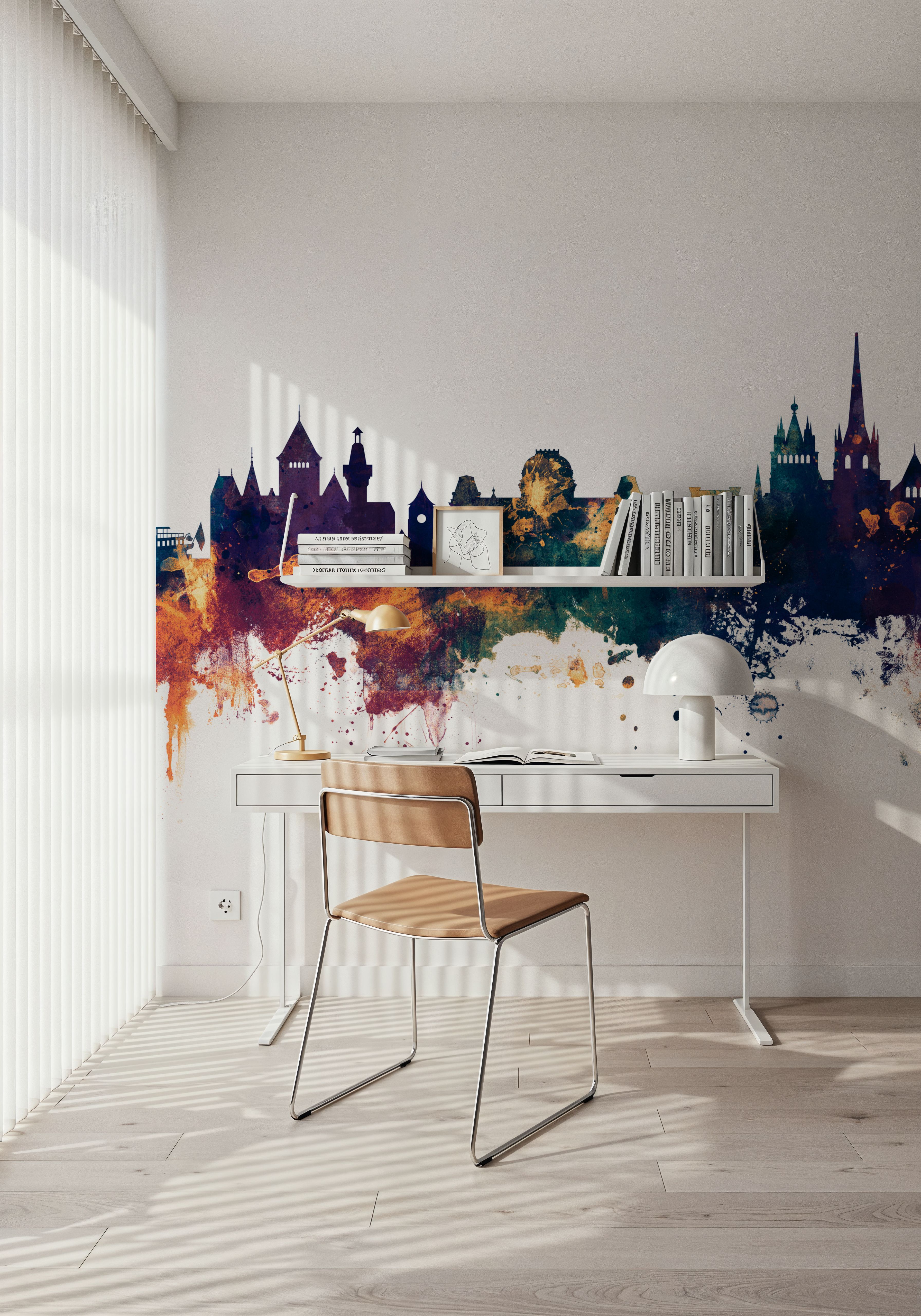 Wall Mural - Lausanne Switzerland Skyline Blue & Bronze - Contemporary Travel & Landmarks mural wallpaper - Hallway staircases - Wallism US