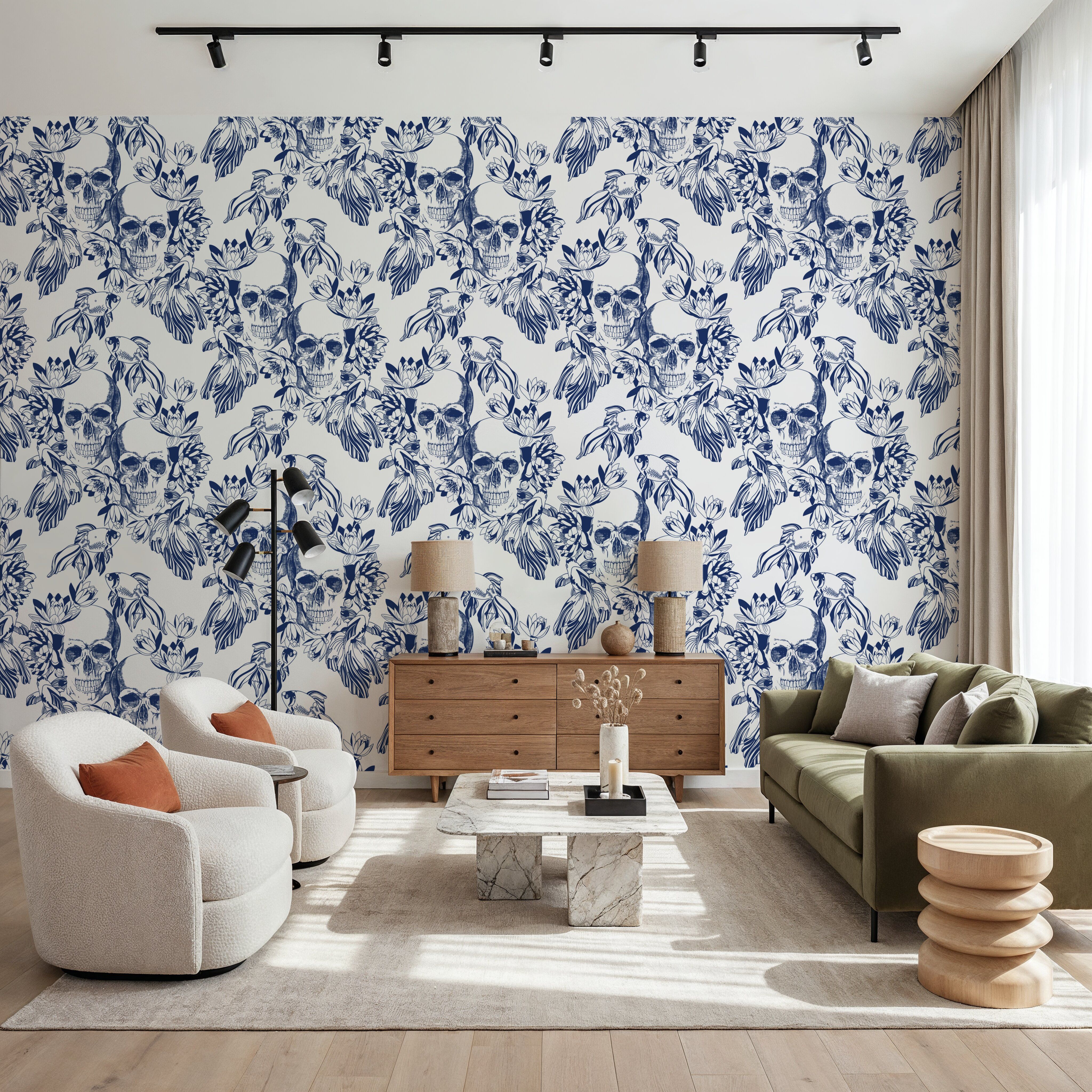 Behang - Skulls and Fish - Zee Dieren - Blauw - Woonkamer - Wallism Nederland - Zelfklevend of Vliesbehang