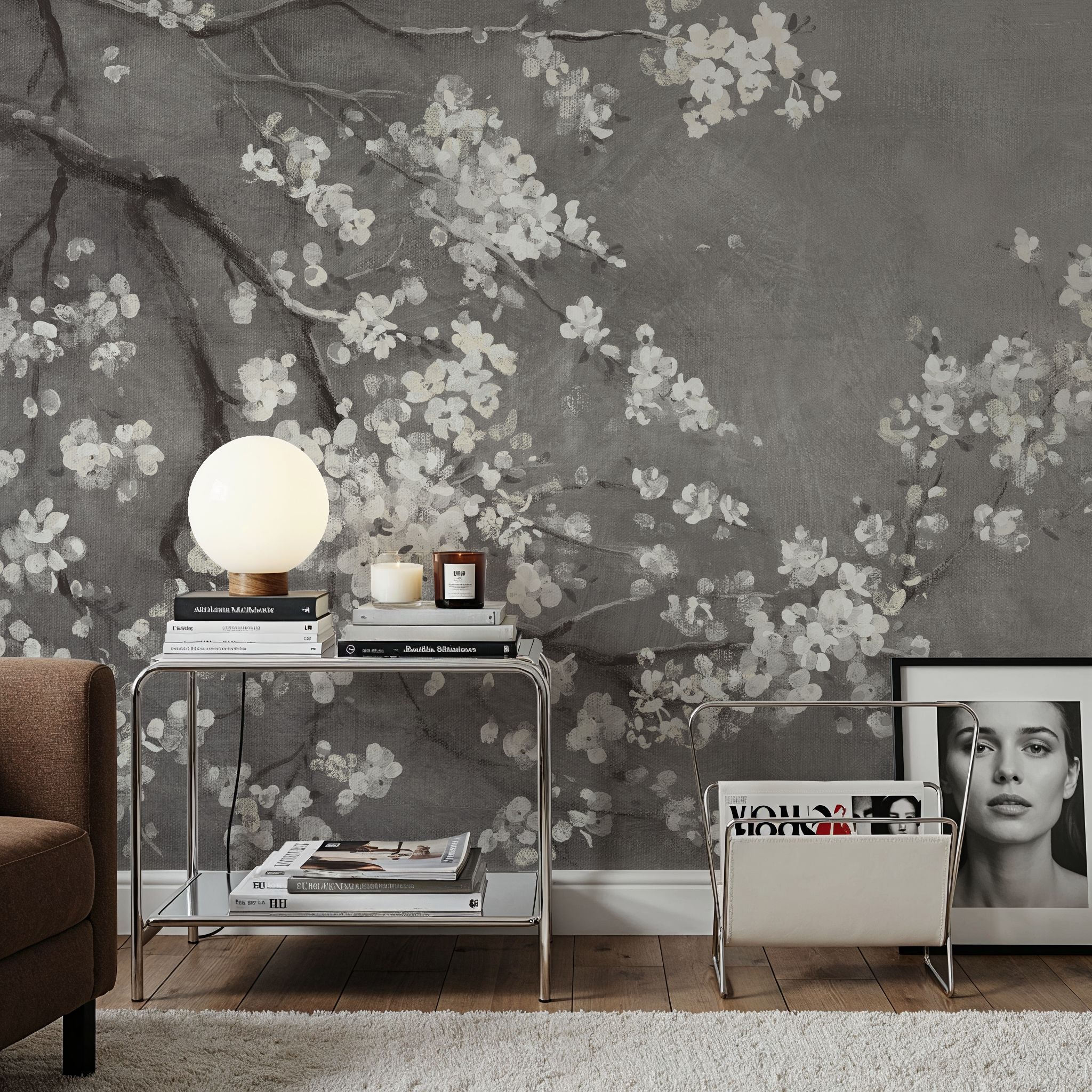 White Cherry Blossoms I on Grey