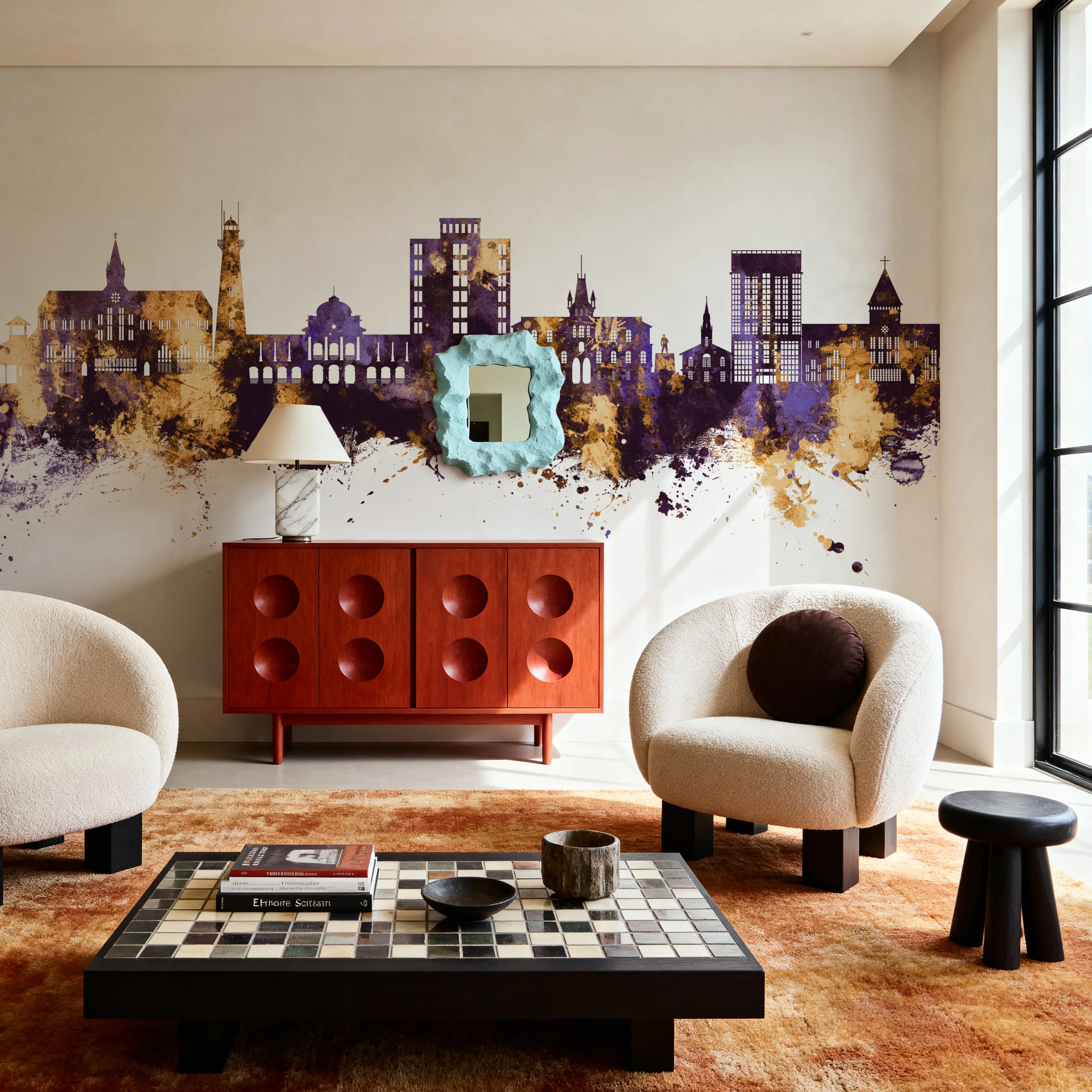 Fotobehang - Georgetown Guyana Skyline Purple & Gold - Hedendaagse Kunst Mural - Paars - Eetkamer - Wallism België - Zelfklevend of Vliesbehang