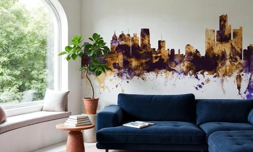 Detroit Michigan Skyline Purple & Gold