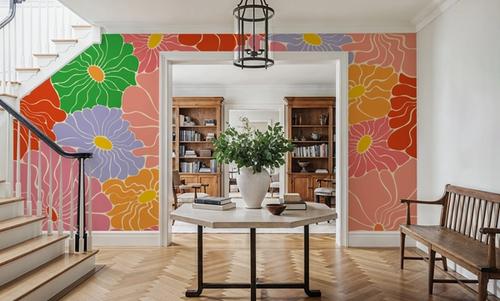 Cool Fluid Flowers Mural, Bright Multi