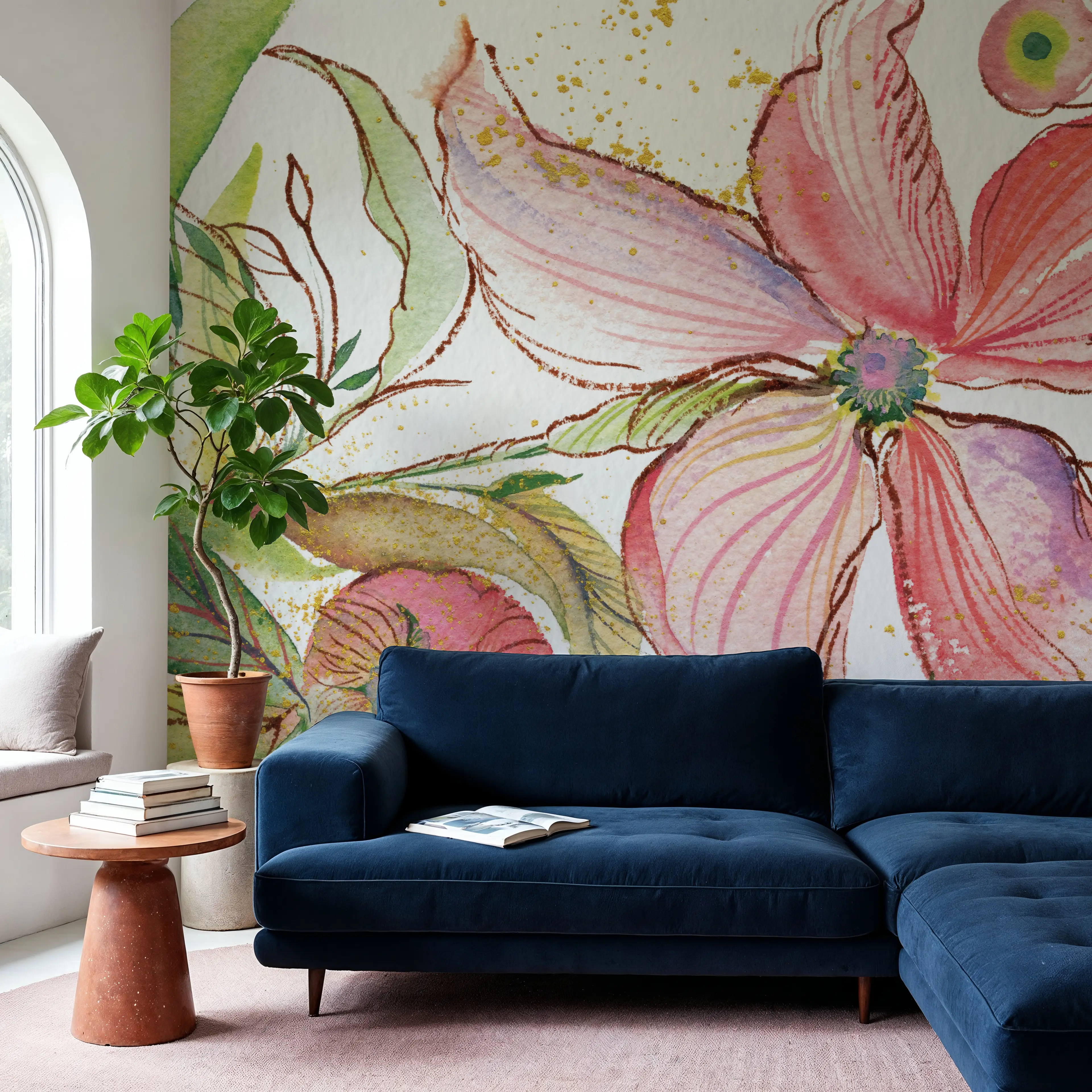 Fotobehang - Spring Shimmer - Bloemen Grafische Kunst Mural - Roze - Woonkamer - Wallism België - Zelfklevend of Vliesbehang