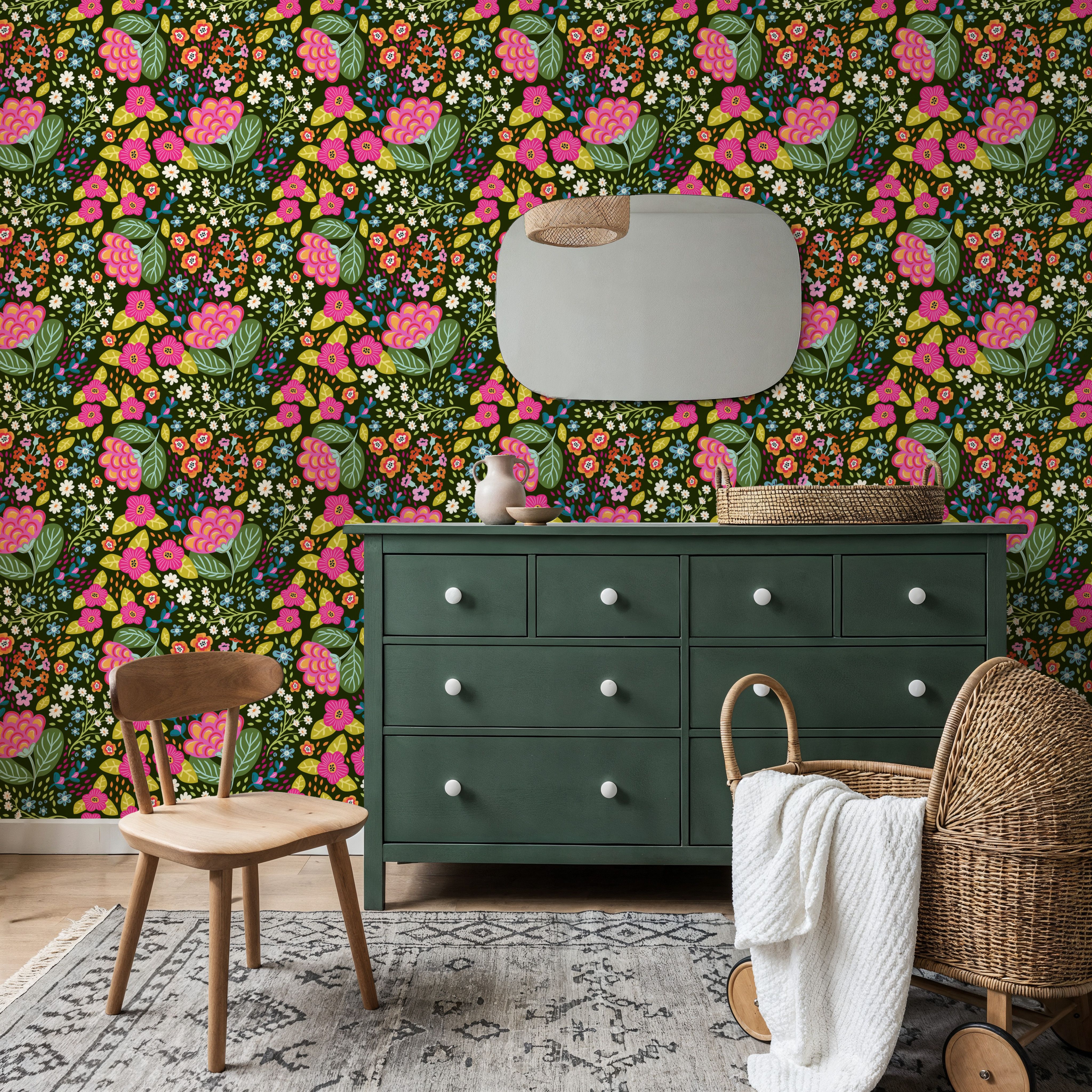 Happy Flowers, Pine Green, Carte da parati