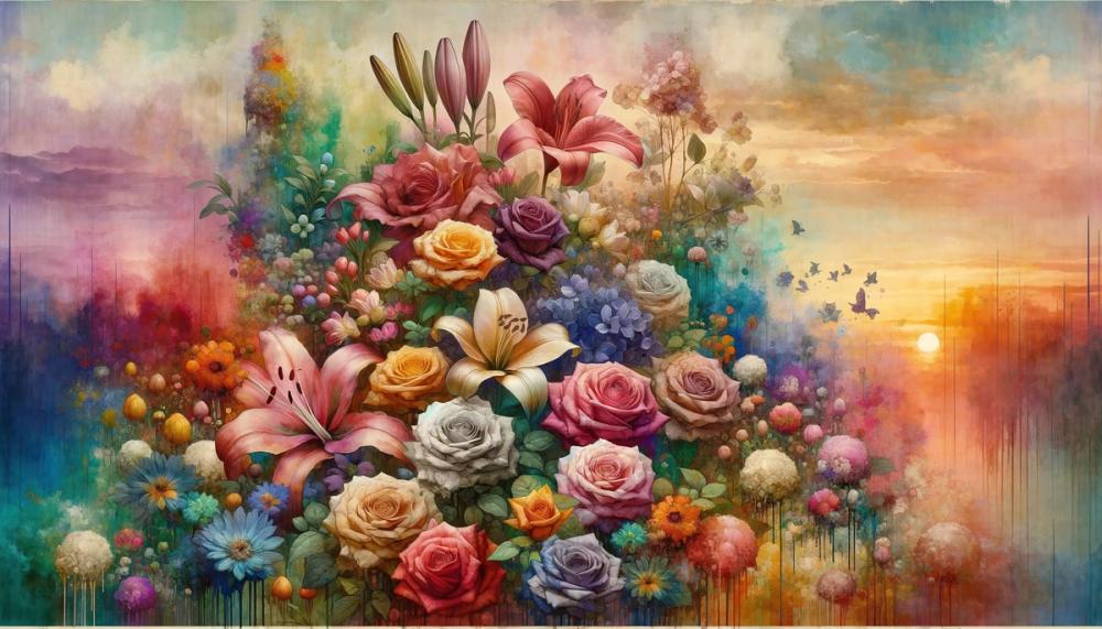 Watercolor Exuberant Garden At Sunse