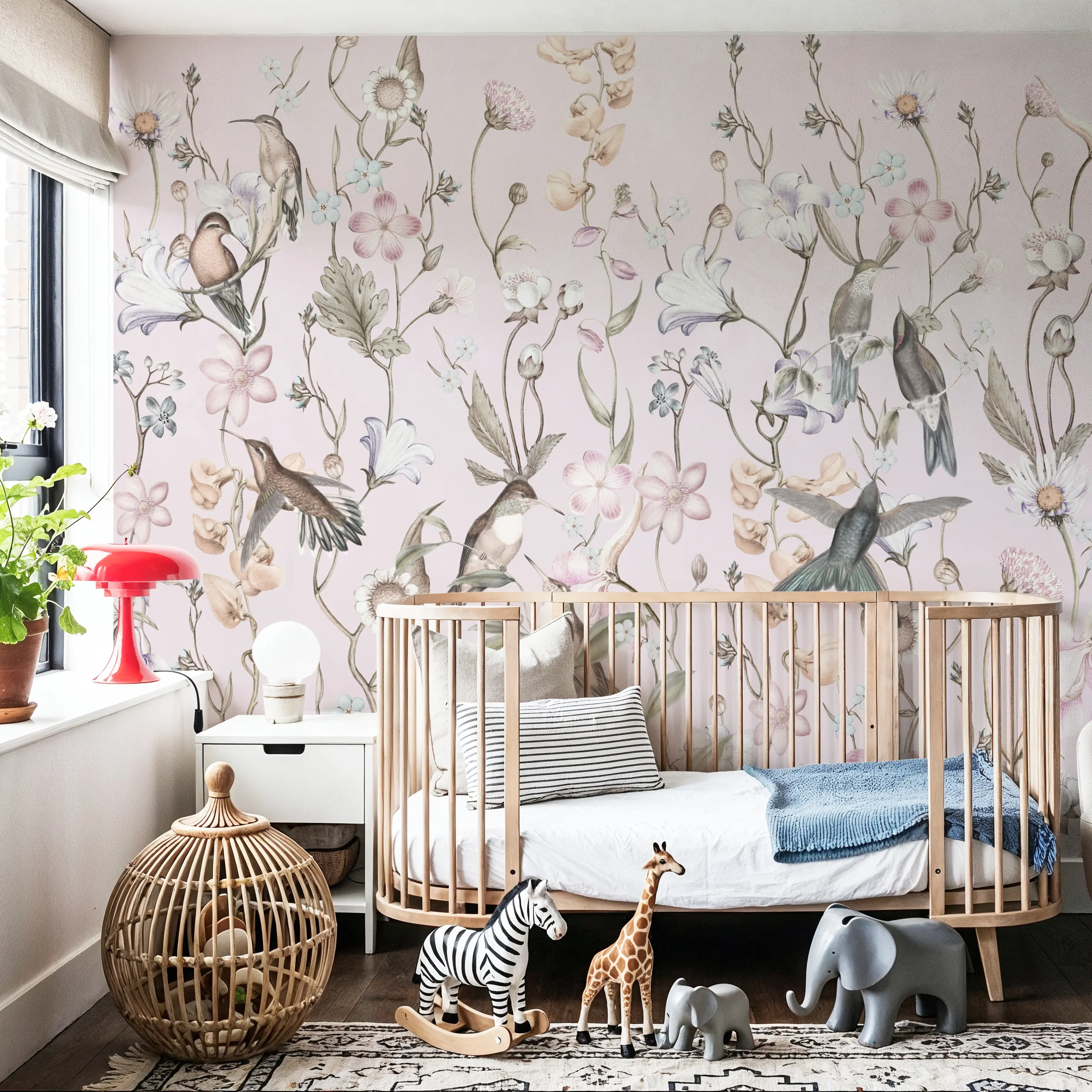 Fotobehang - Bird Garden Light Pink - Vogels Natuur Mural - Blauw - Kinderkamer - Wallism Nederland - Zelfklevend of Vliesbehang